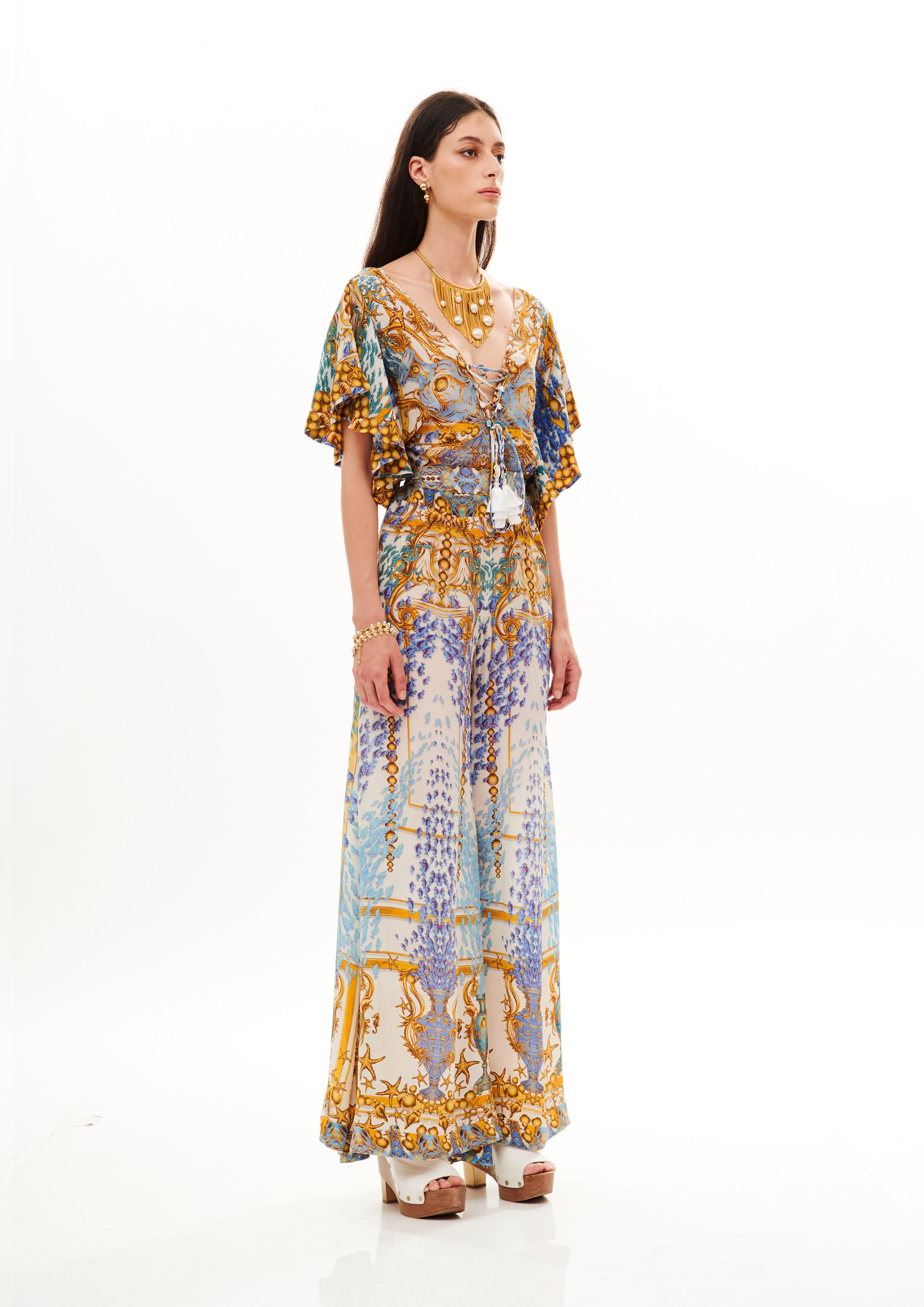 Lacing long jumpsuit in Natural Crepe with "Poseidon Dream Day" print.