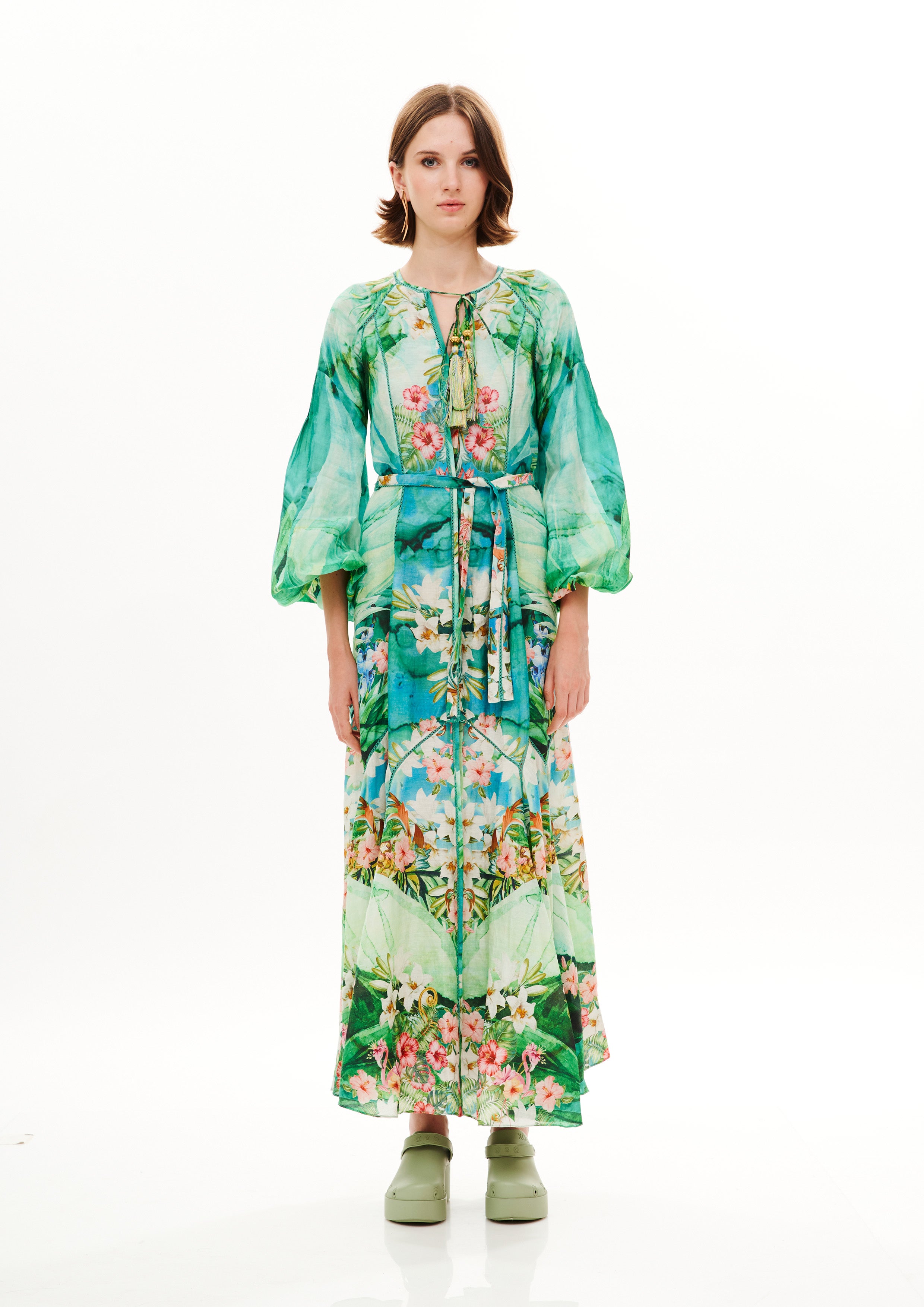 Midi Vishivanka dress in Chandery with "Tropical Breeze Garden" print.