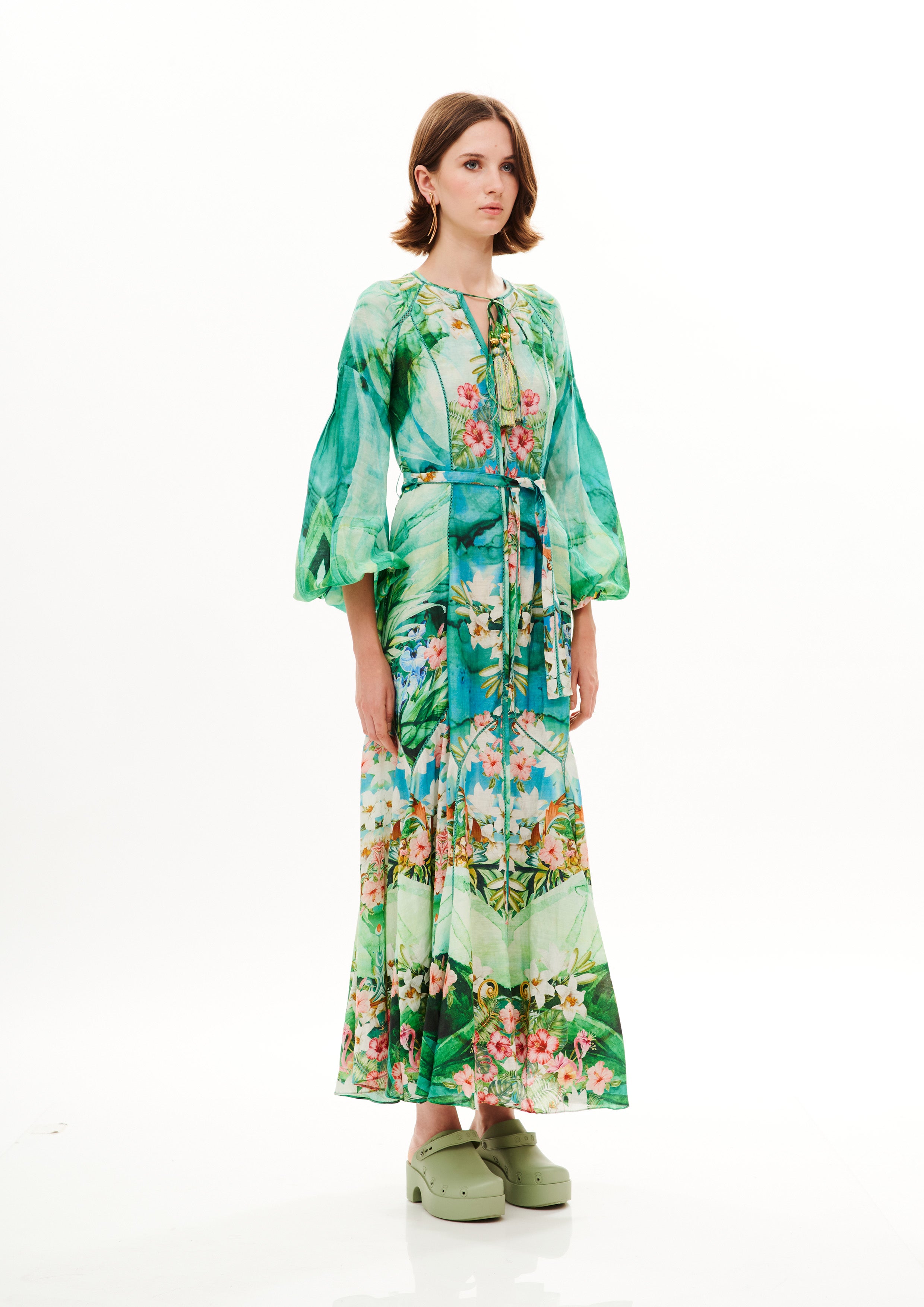 Midi Vishivanka dress in Chandery with "Tropical Breeze Garden" print.
