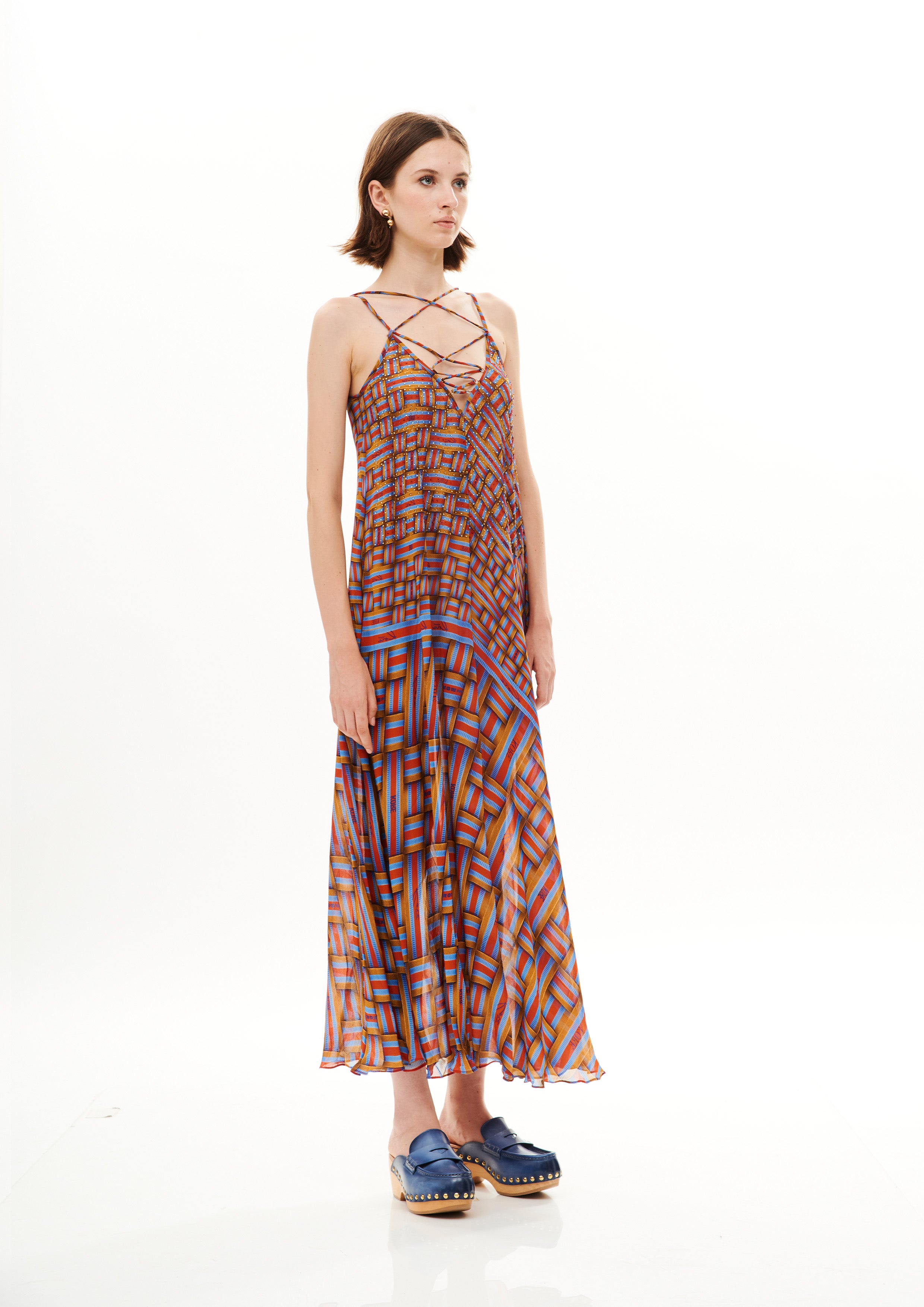 A-Shape Long Dress Monogram Dream Sunset in georgette satin