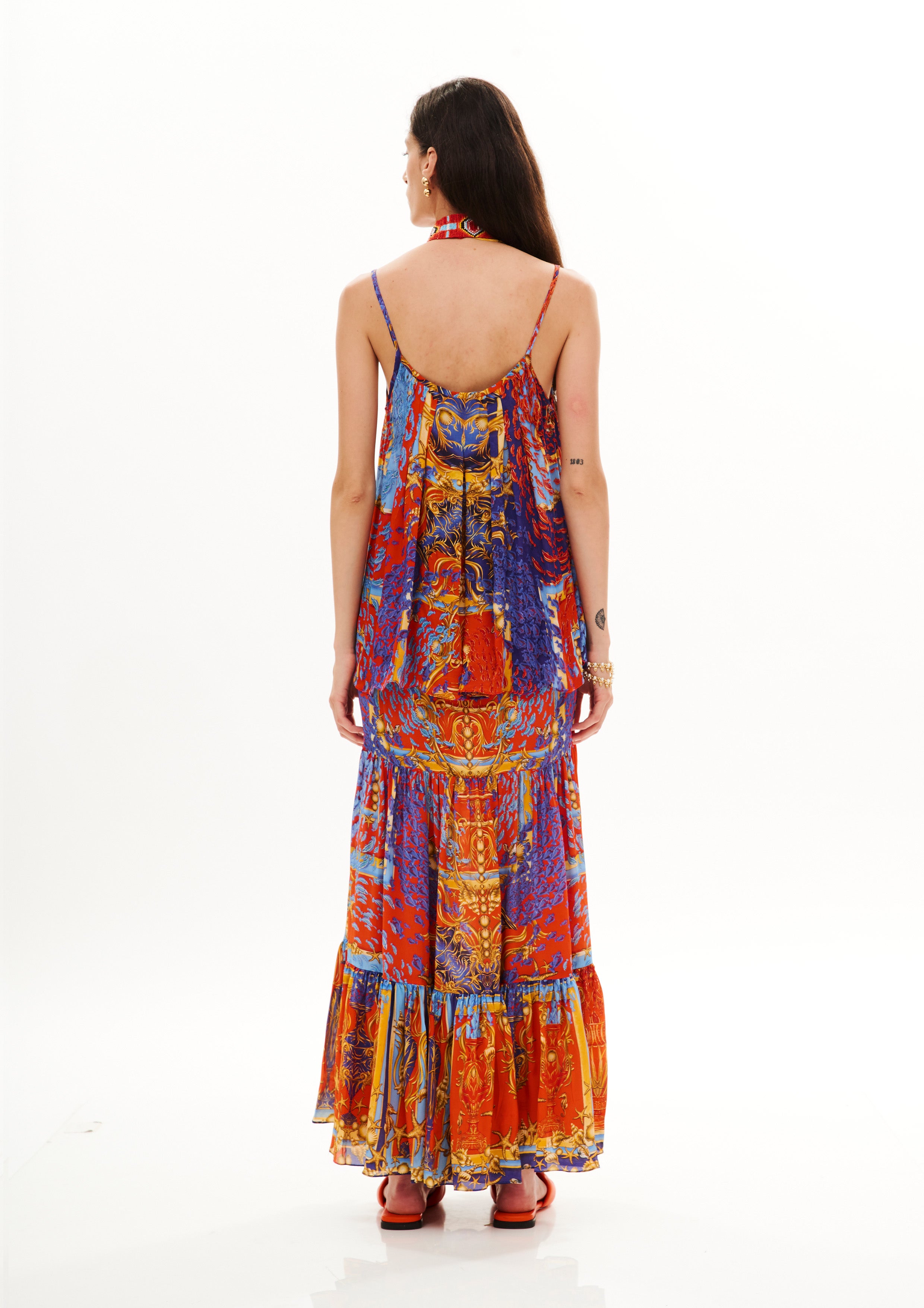 A-Shape Long Dress Poseidon Dream Sunset in georgette crepe satin