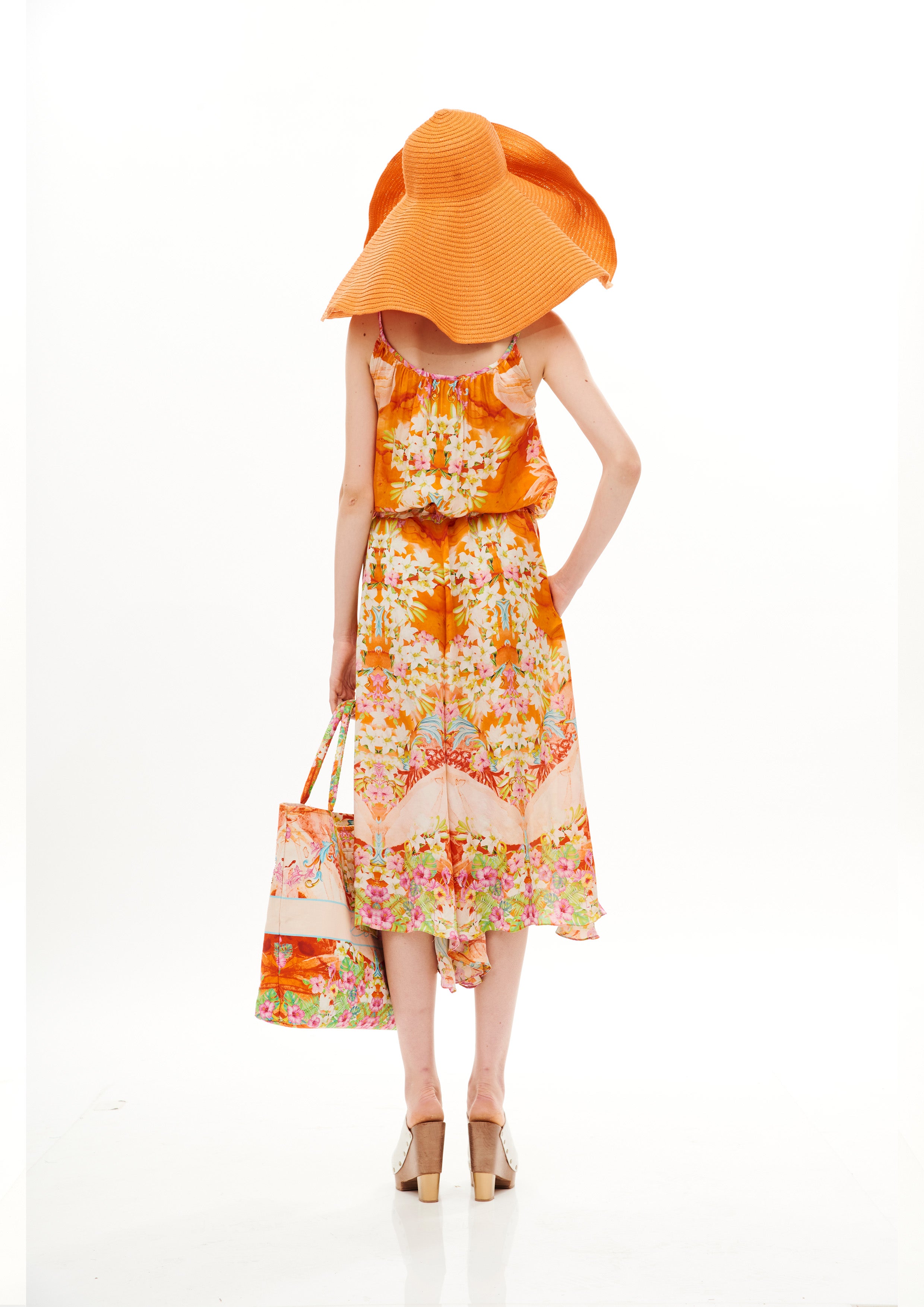 Round Neck Playsuit Tropical Breeze Sunrise in cherry satin