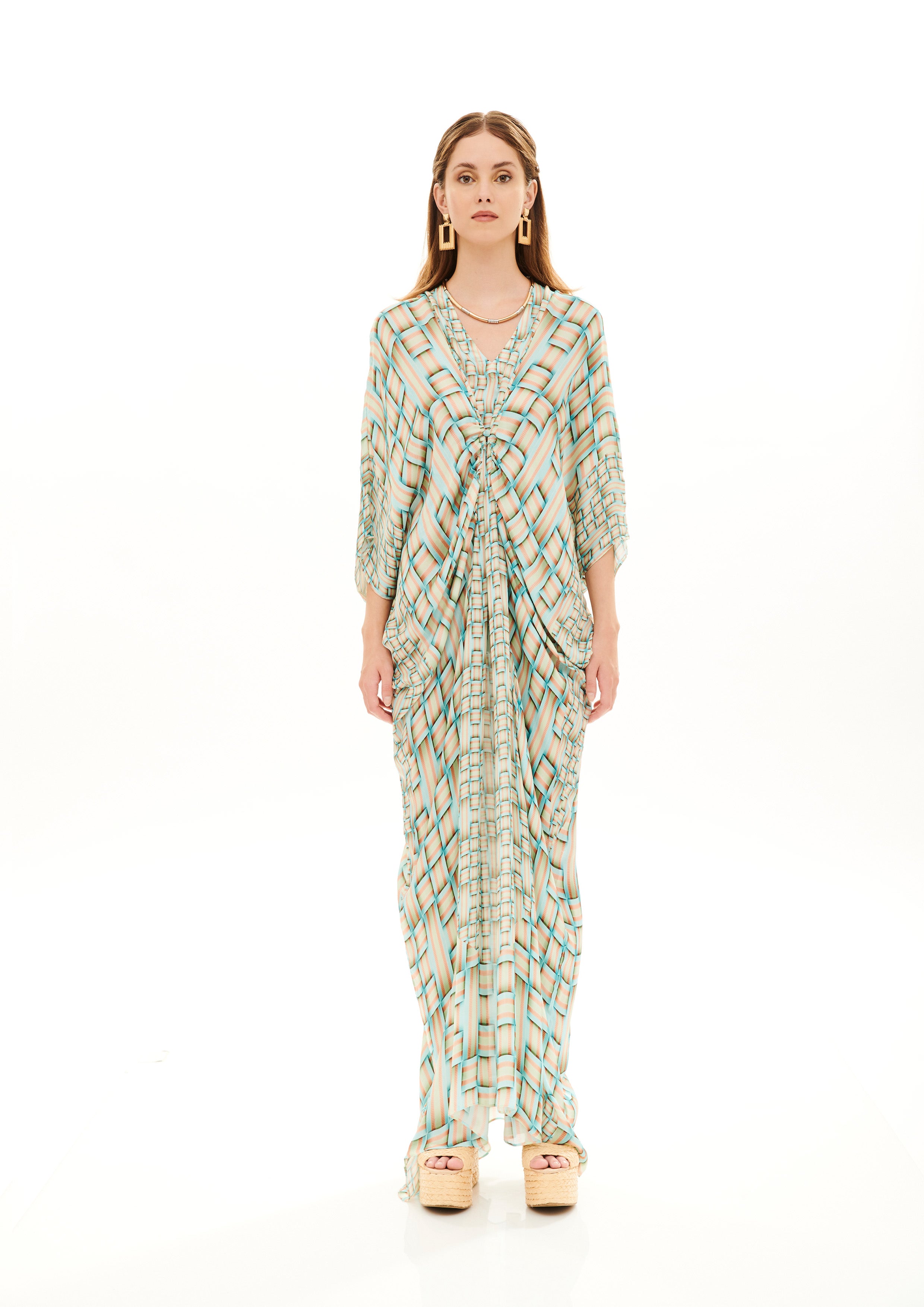 Front Draped Button Kaftan Monogram Breeze Sunrise in georgette crepe satin
