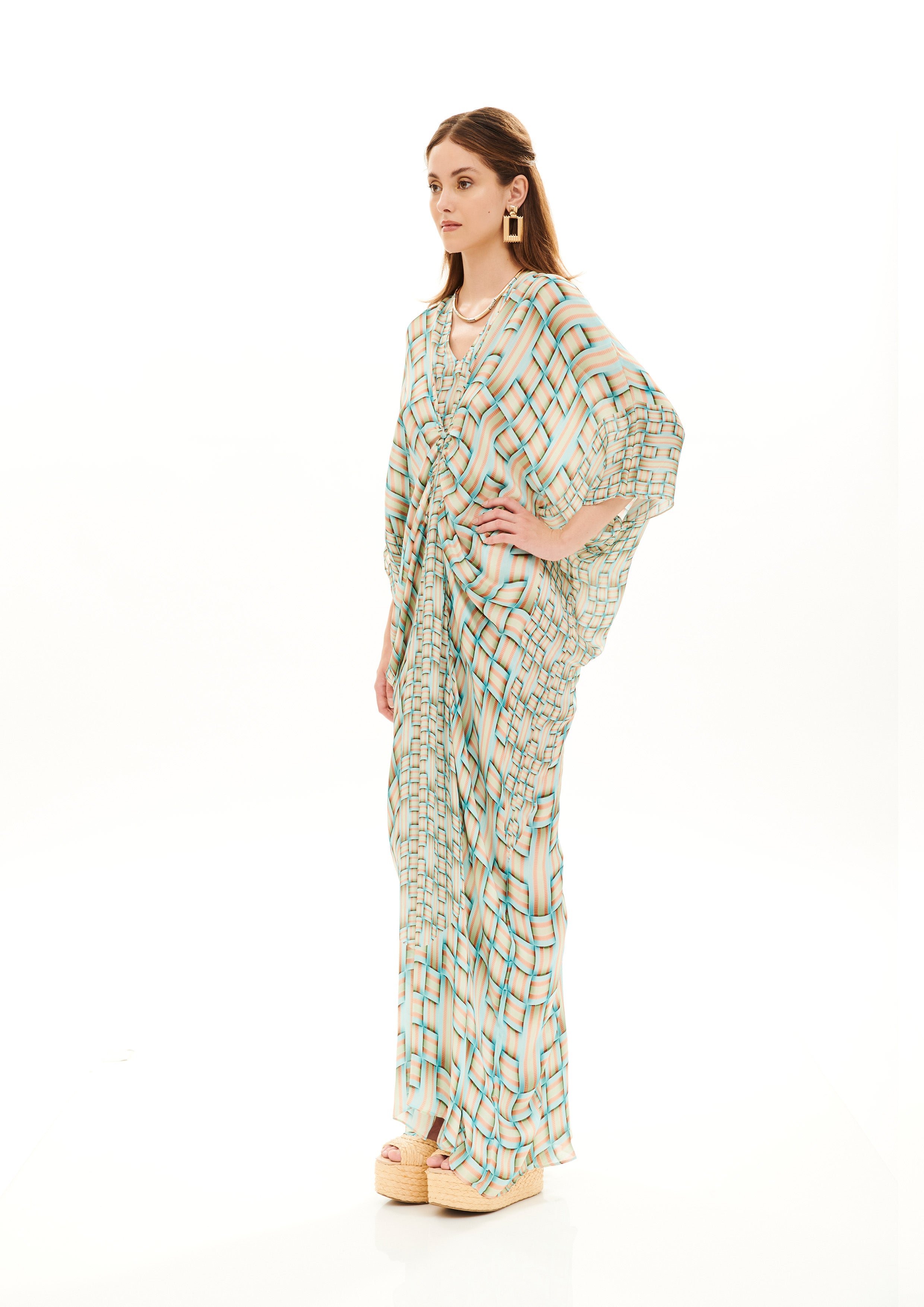 Front Draped Button Kaftan Monogram Breeze Sunrise in georgette crepe satin