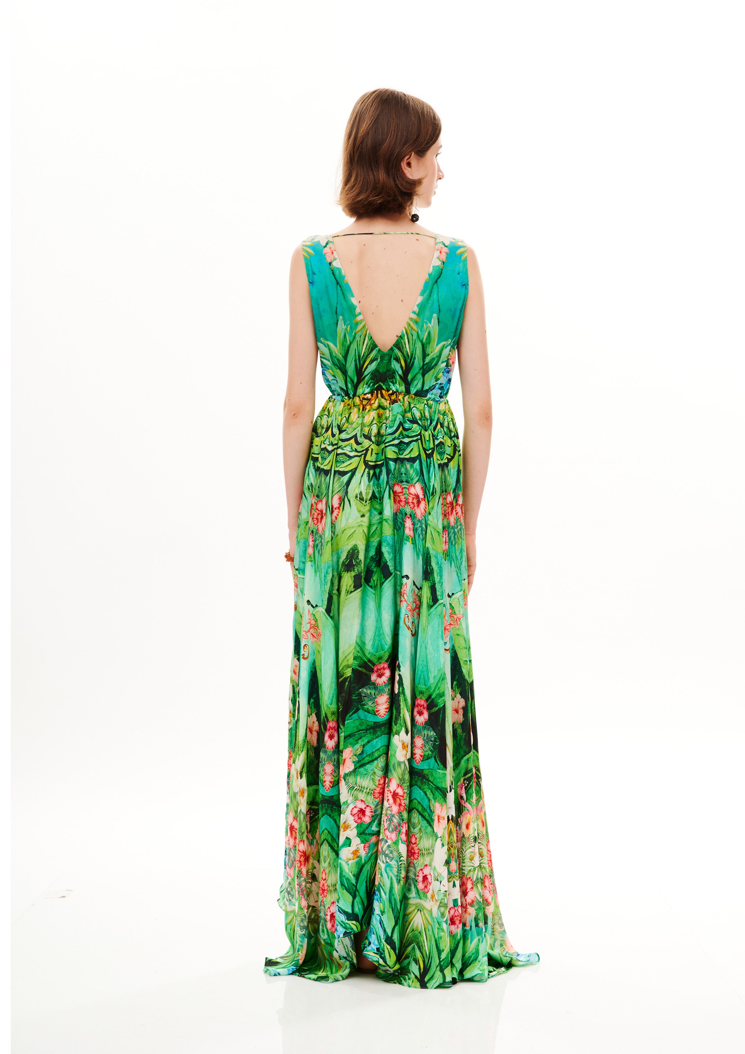 V-Shape Long Dress Tropical Breeze Garden in cherry satin