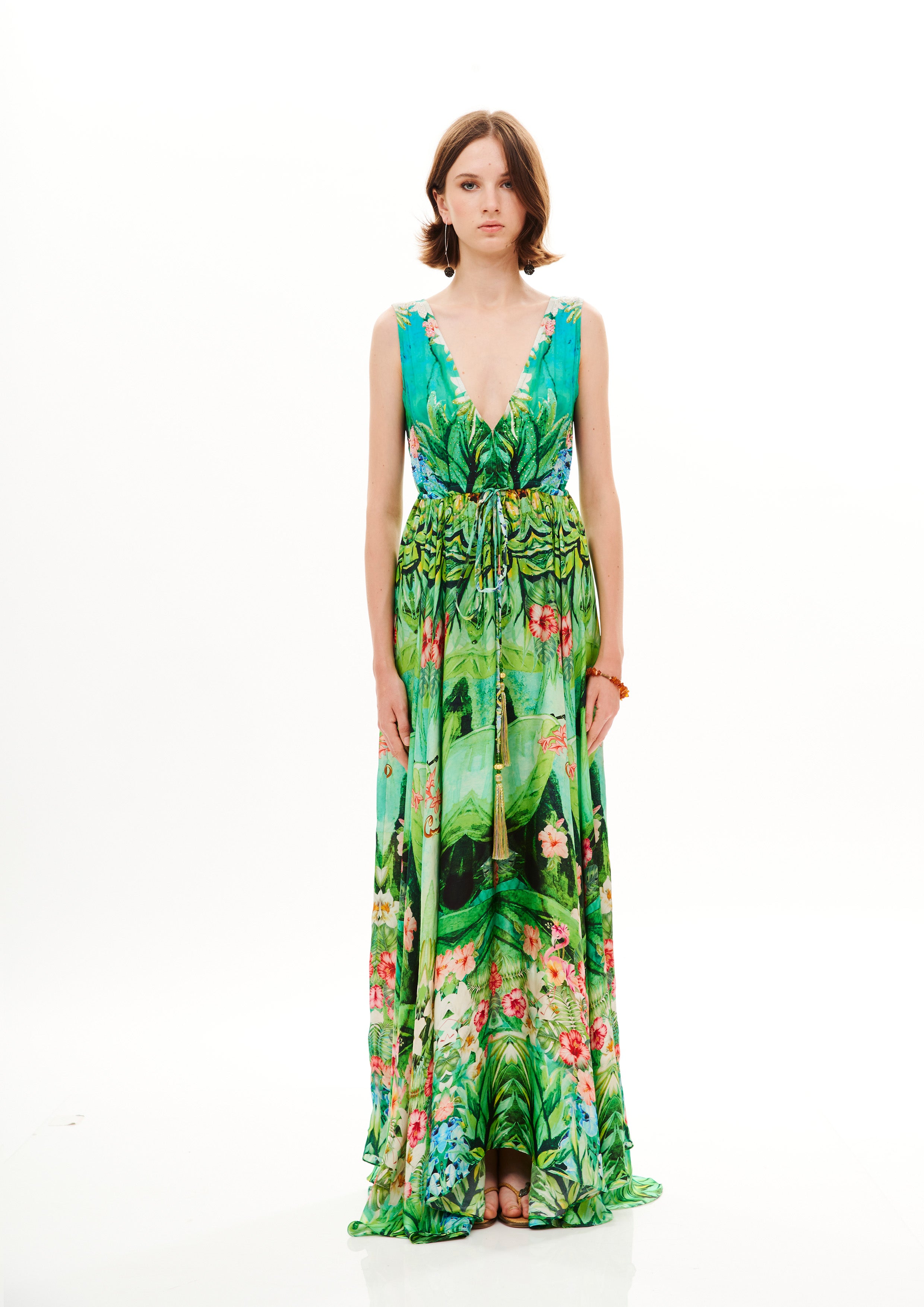 V-Shape Long Dress Tropical Breeze Garden in cherry satin