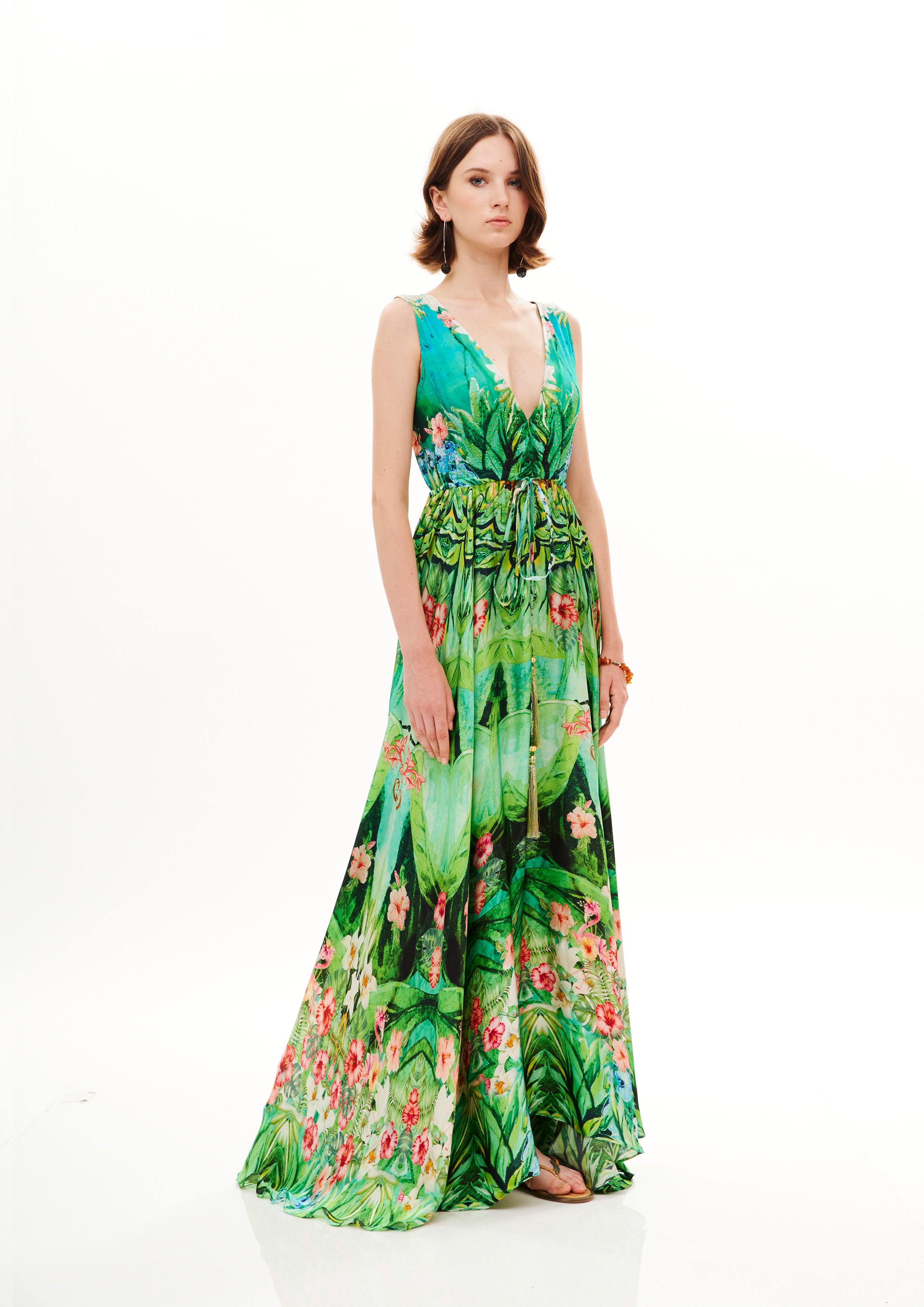 V-Shape Long Dress Tropical Breeze Garden in cherry satin