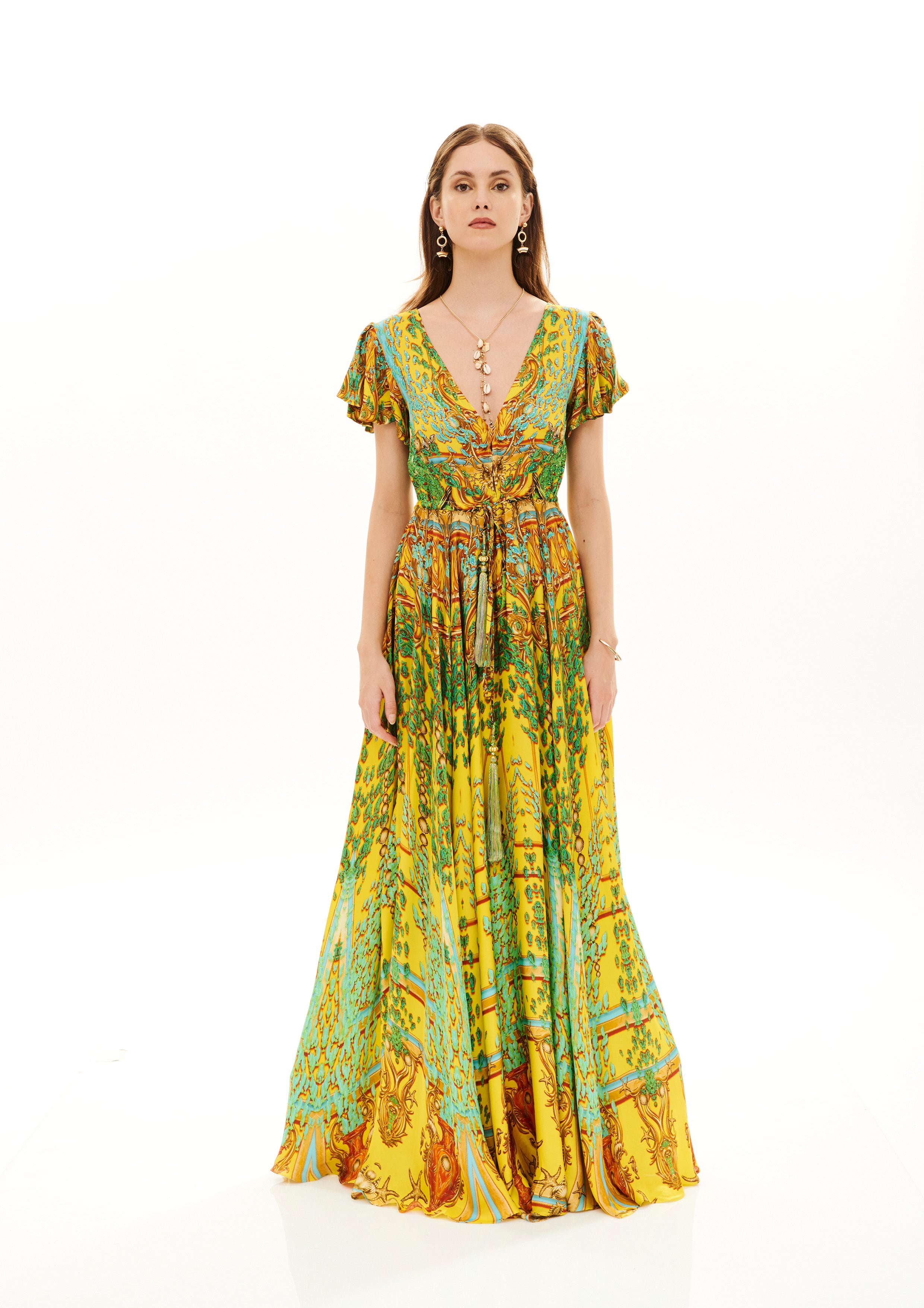 V-Shape Long Dress Poseidon Dream Sunrise in cherry satin