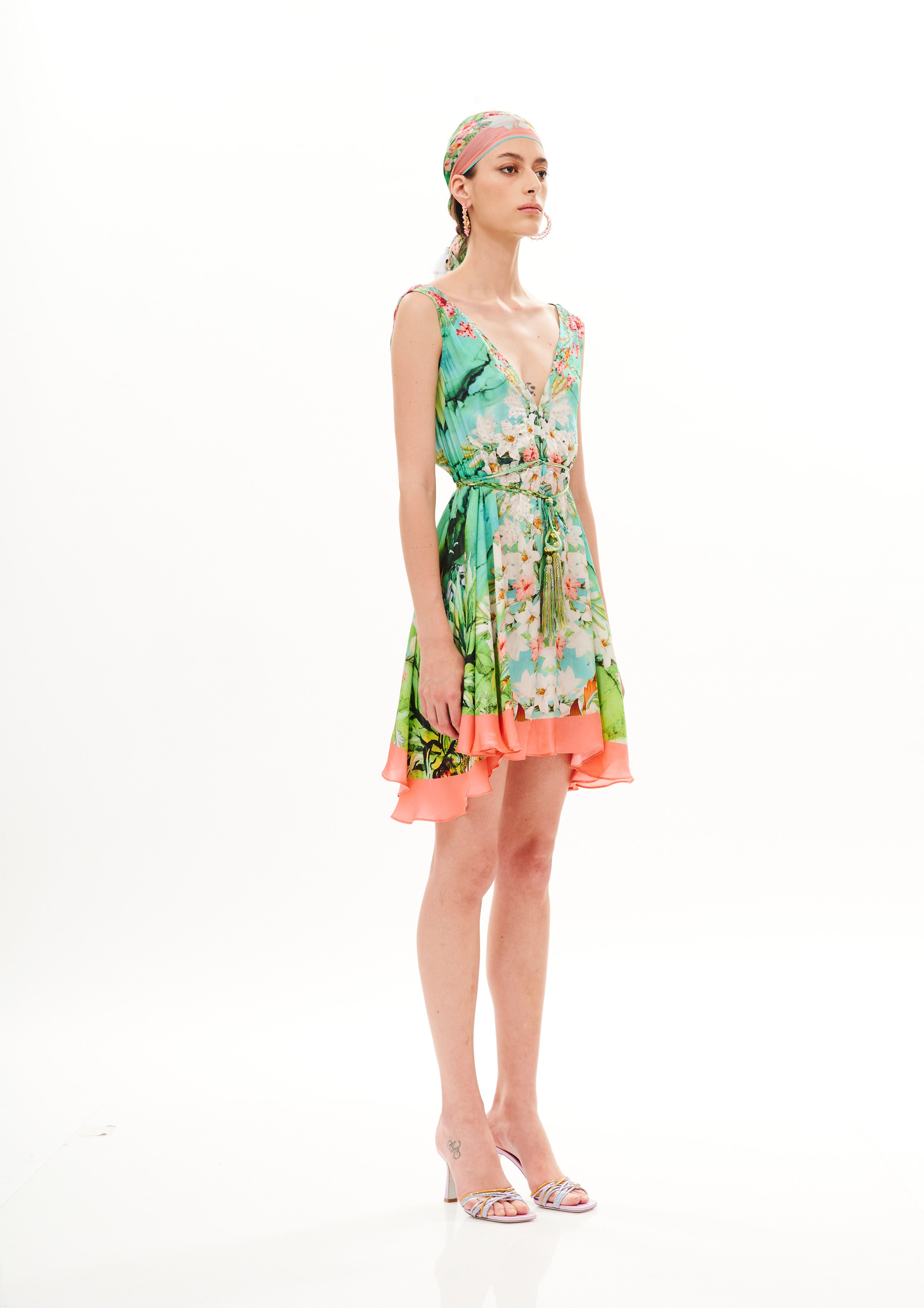 V-Shape Short Dress Tropical Breeze Garden in cherry satin