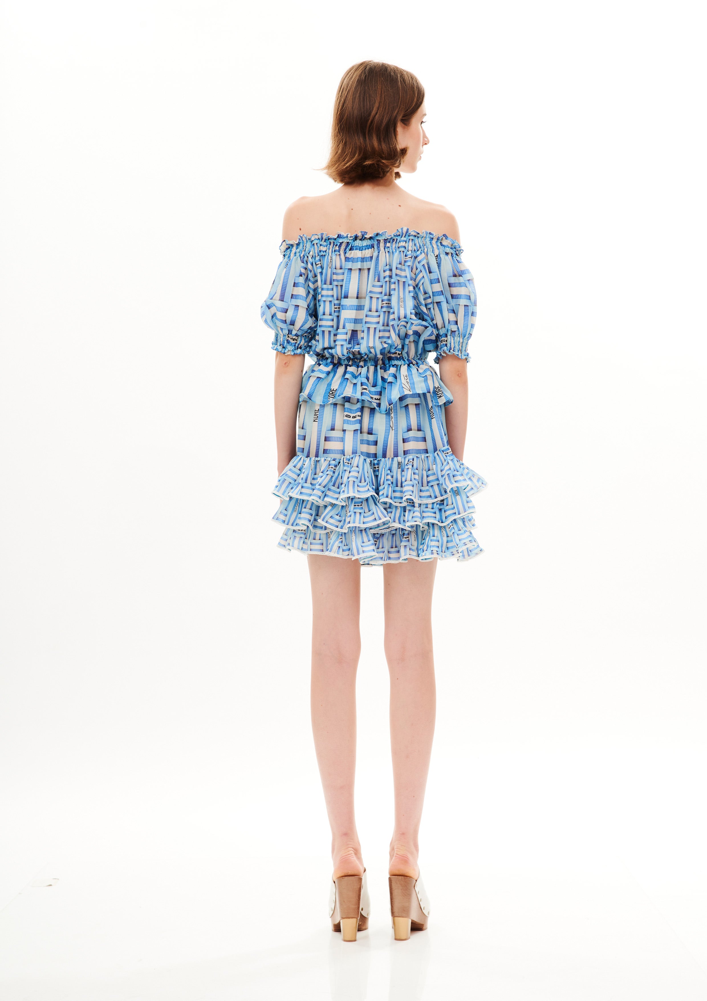 Off Shoulder Ruffle Short Dress Monogram Dream Day in chandery fabric