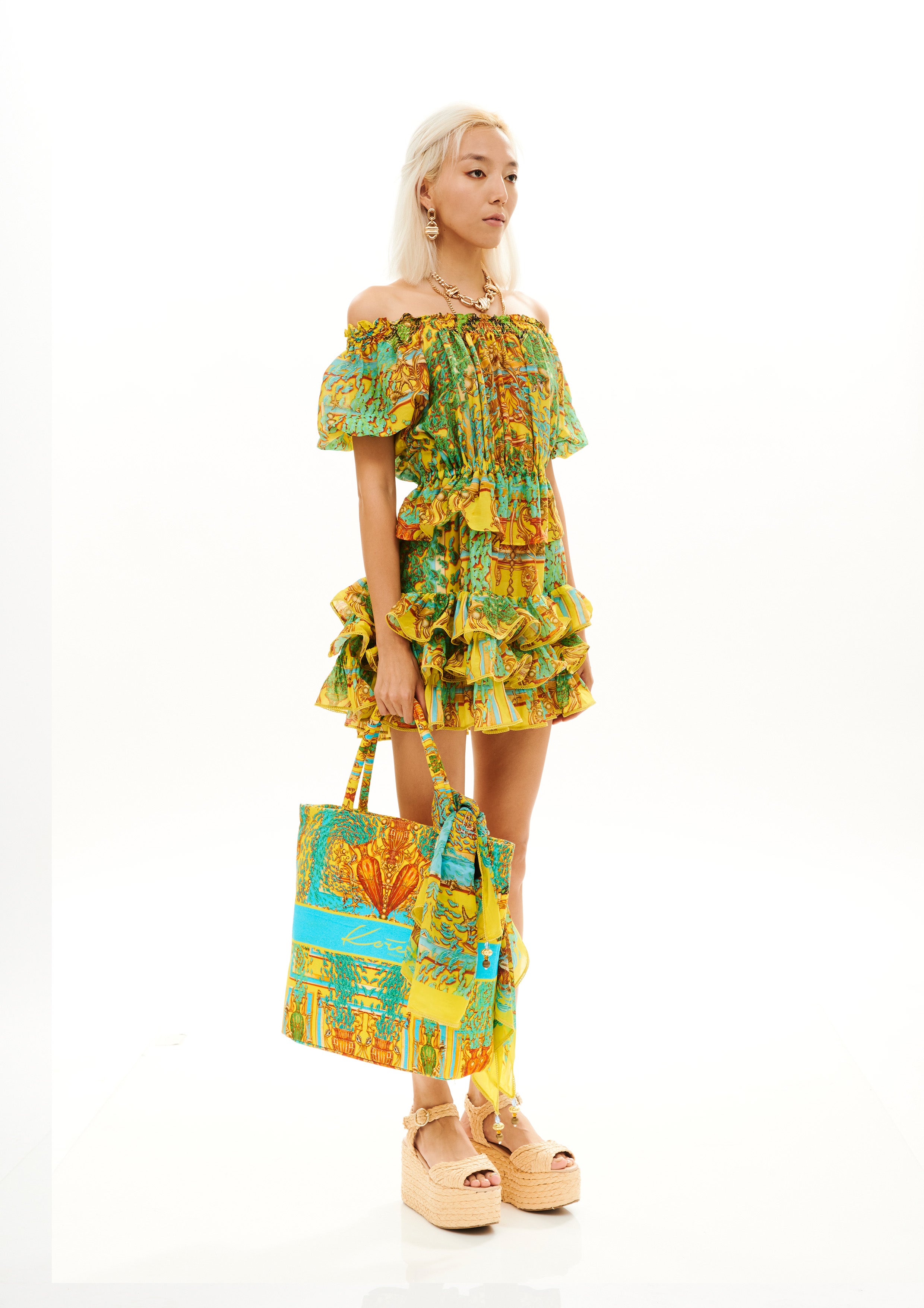 Off Shoulder Ruffle Short Dress Poseidon Dream Sunrise in chandery fabric