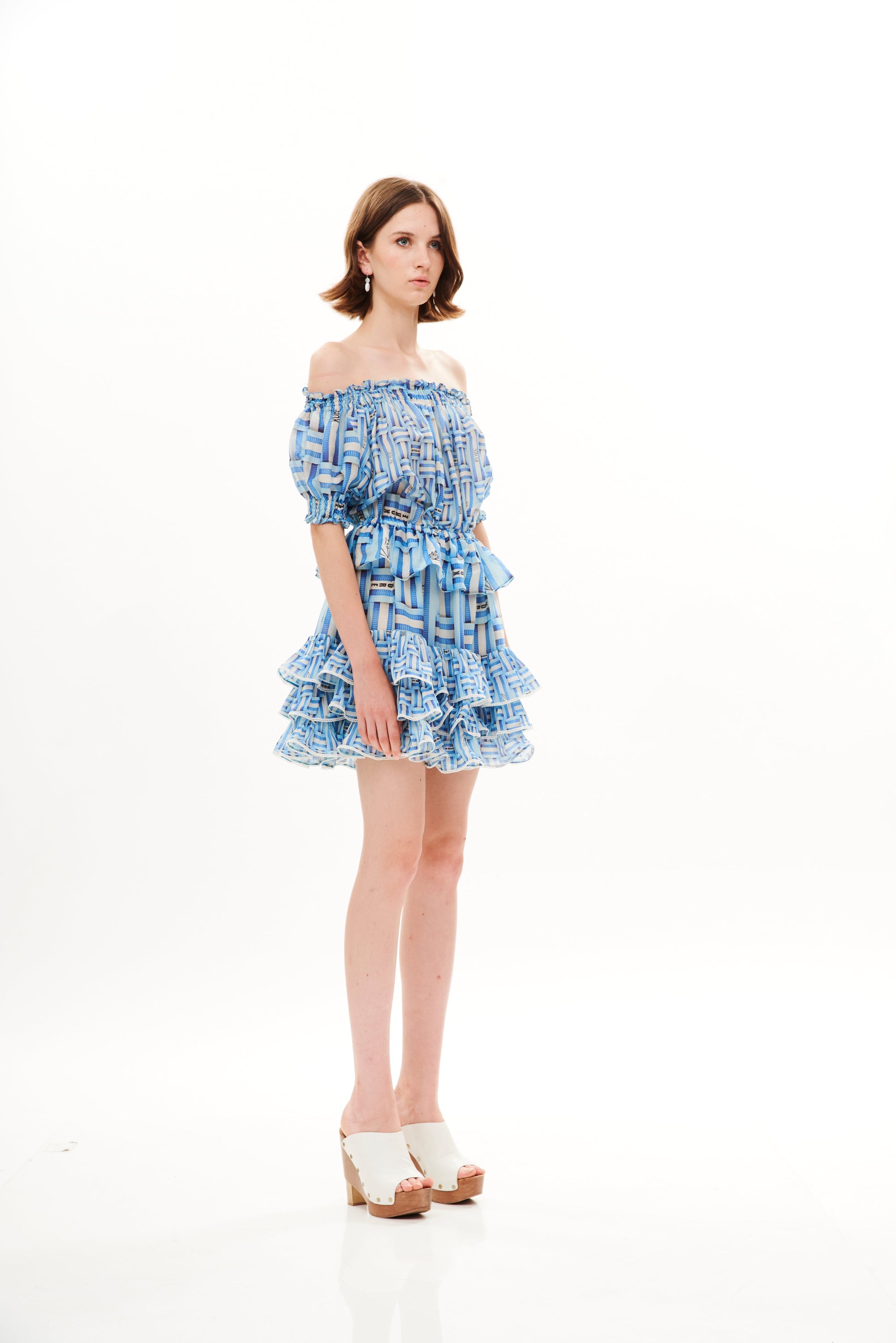 Off Shoulder Ruffle Short Dress Monogram Dream Day in chandery fabric