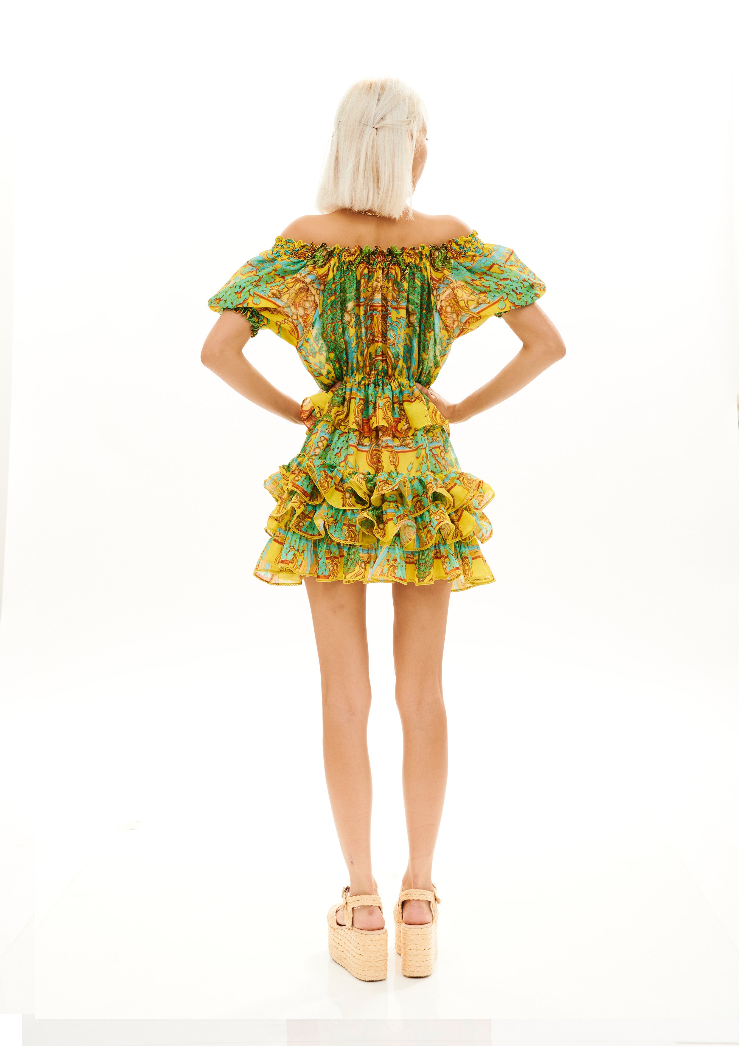 Off Shoulder Ruffle Short Dress Poseidon Dream Sunrise in chandery fabric