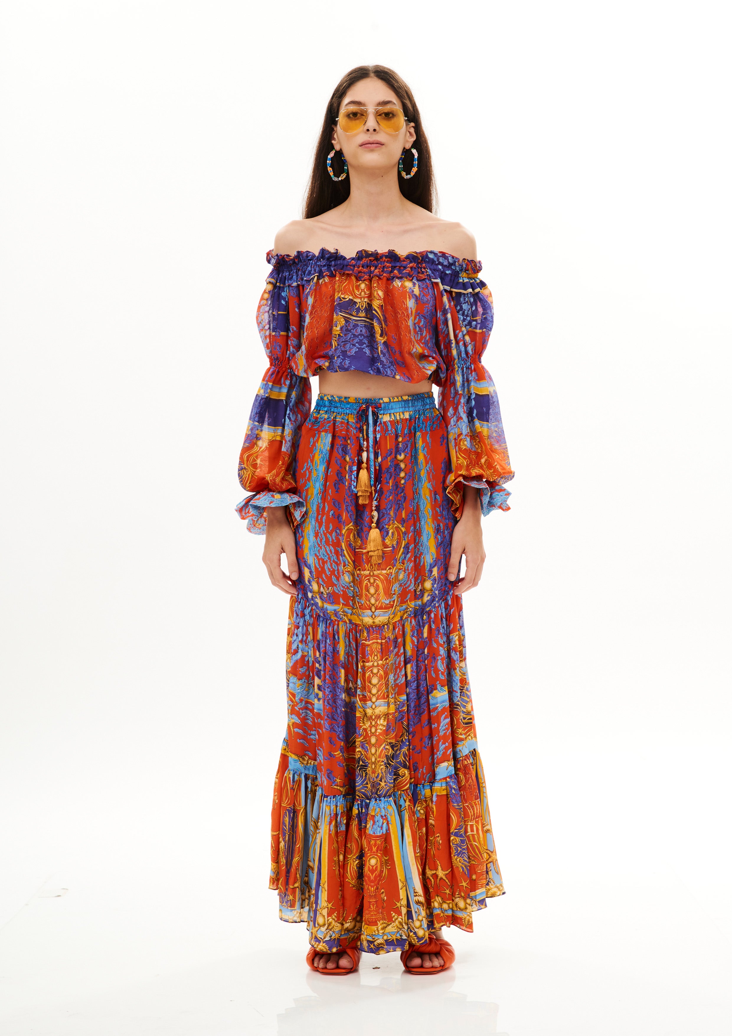 Off Shoulder Full Arms Top Poseidon Dream Sunset in chandery fabric