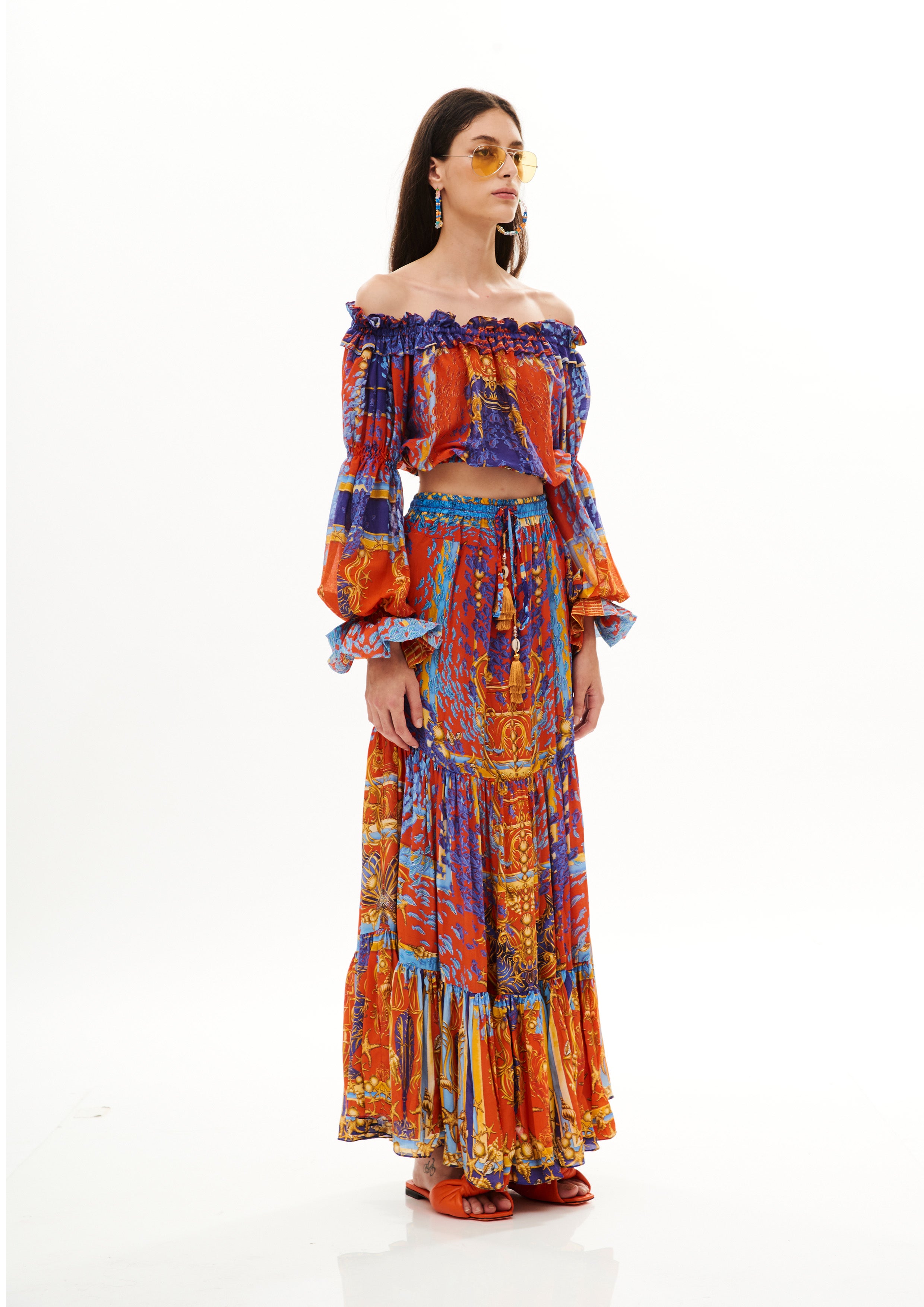 Off Shoulder Full Arms Top Poseidon Dream Sunset in chandery fabric