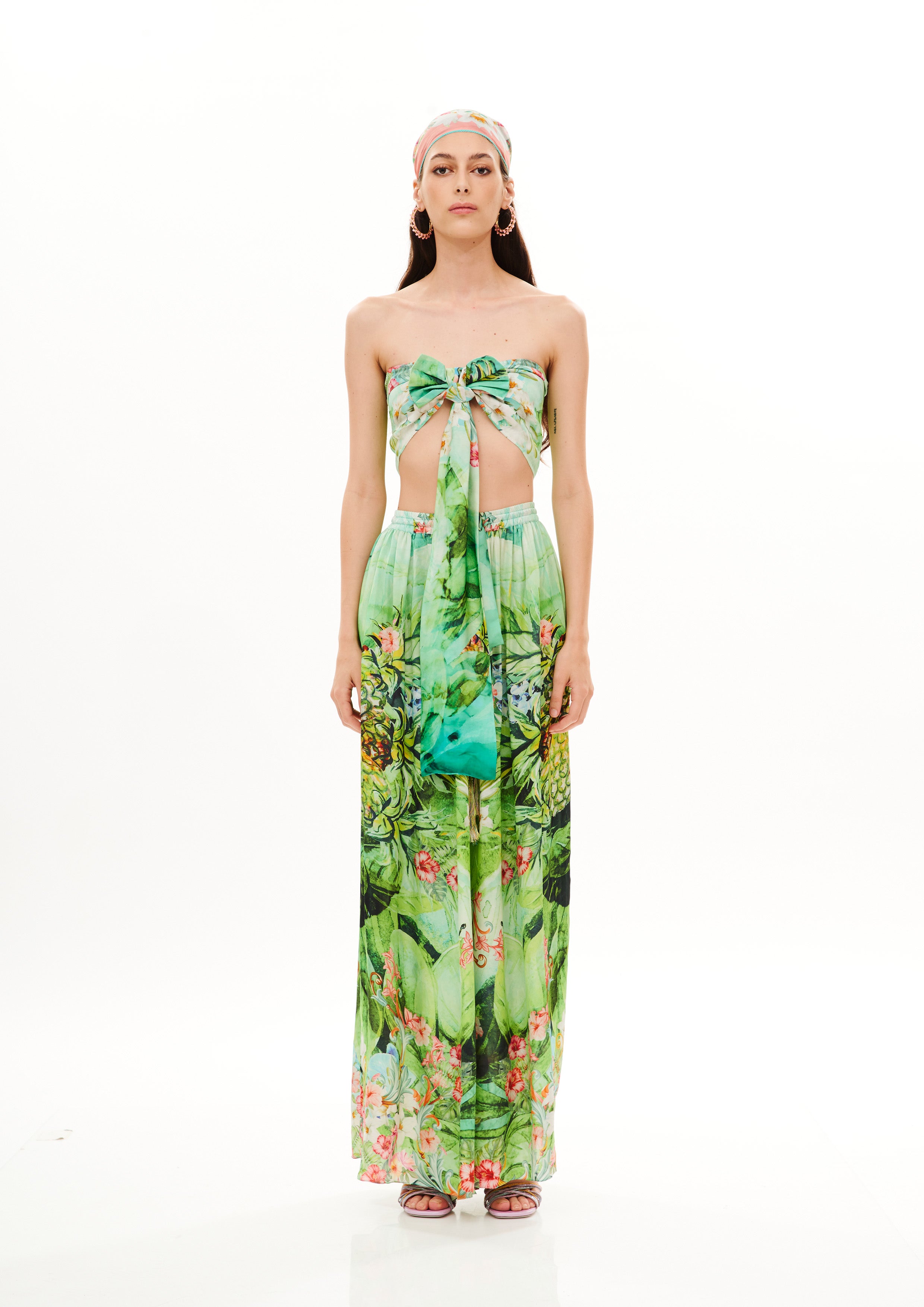 Bow Crop Top Bra Tropical Breeze Garden in natural crepe