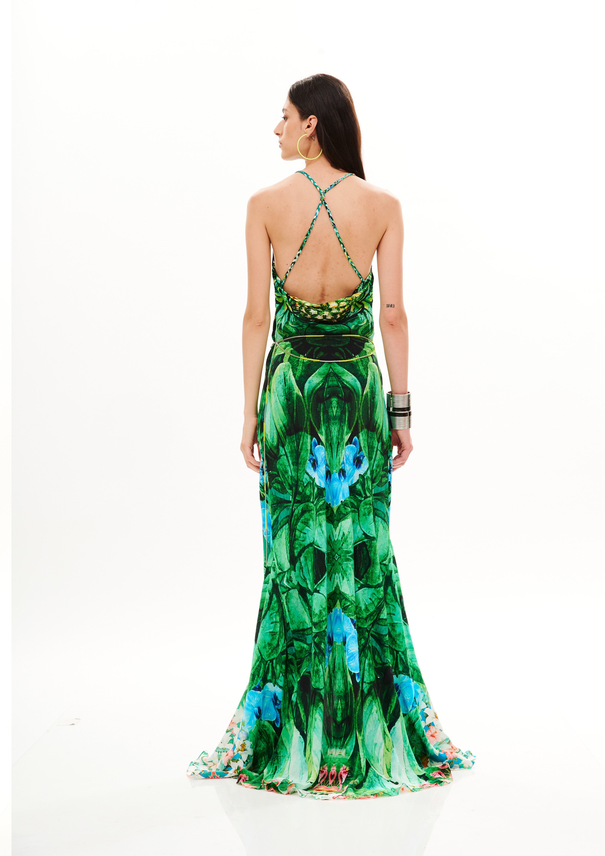 Backless Sexyness Long Dress Tropical Breeze Garden in natural crepe