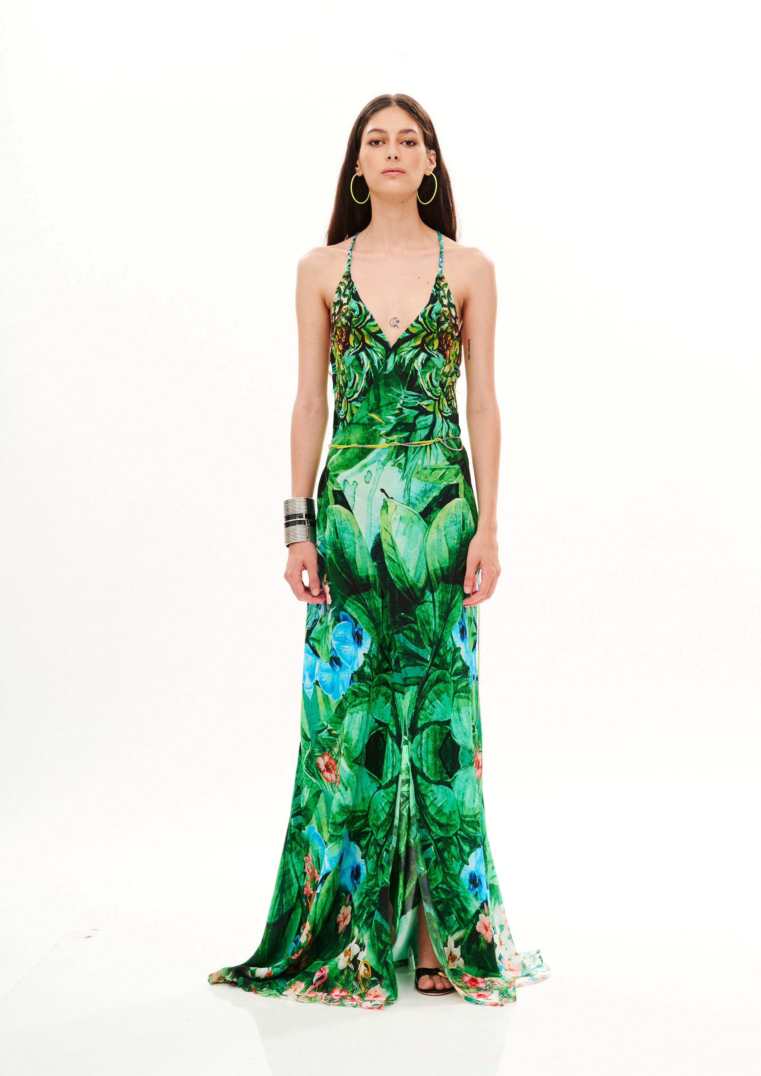 Backless Sexyness Long Dress Tropical Breeze Garden in natural crepe