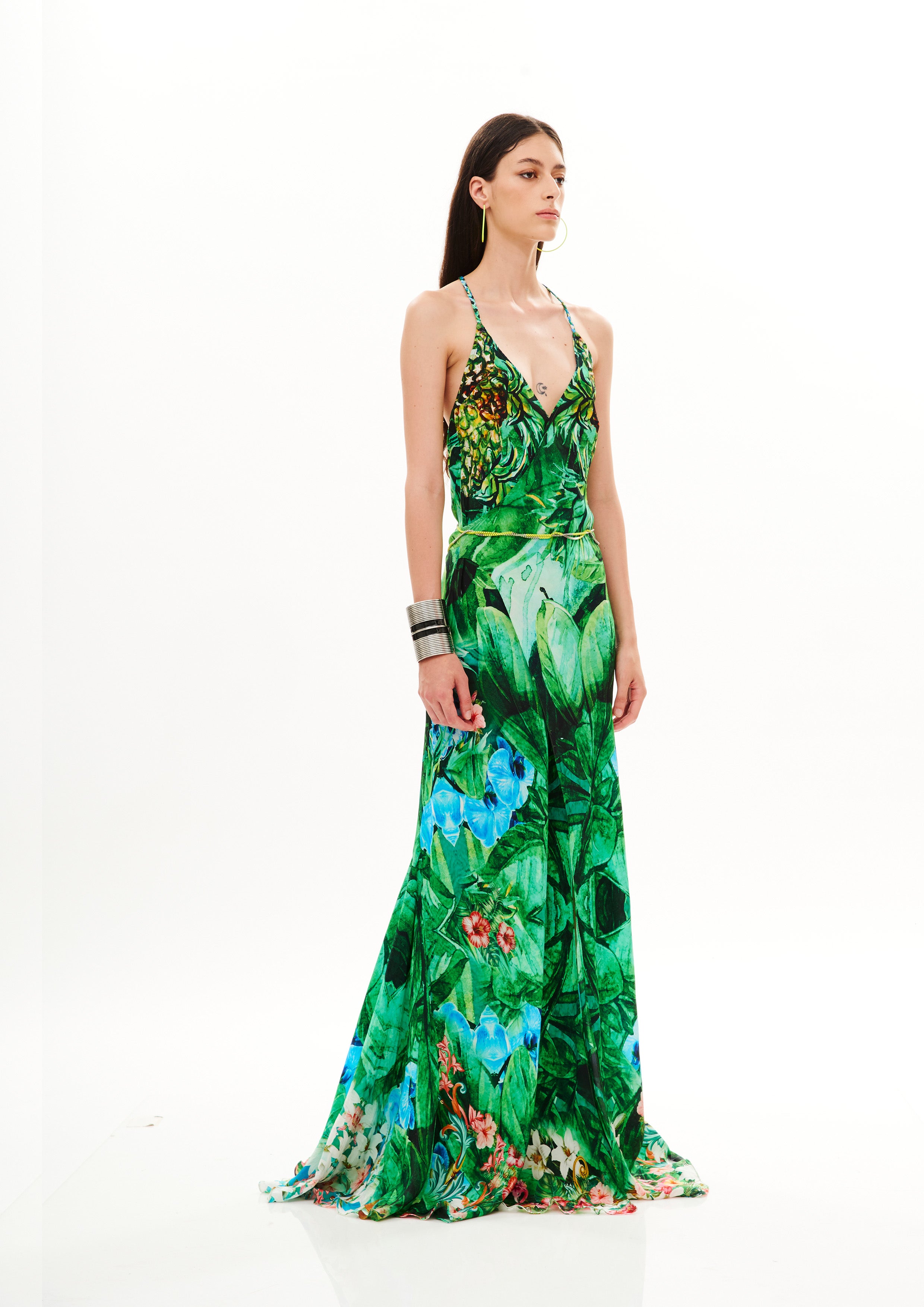 Backless Sexyness Long Dress Tropical Breeze Garden in natural crepe