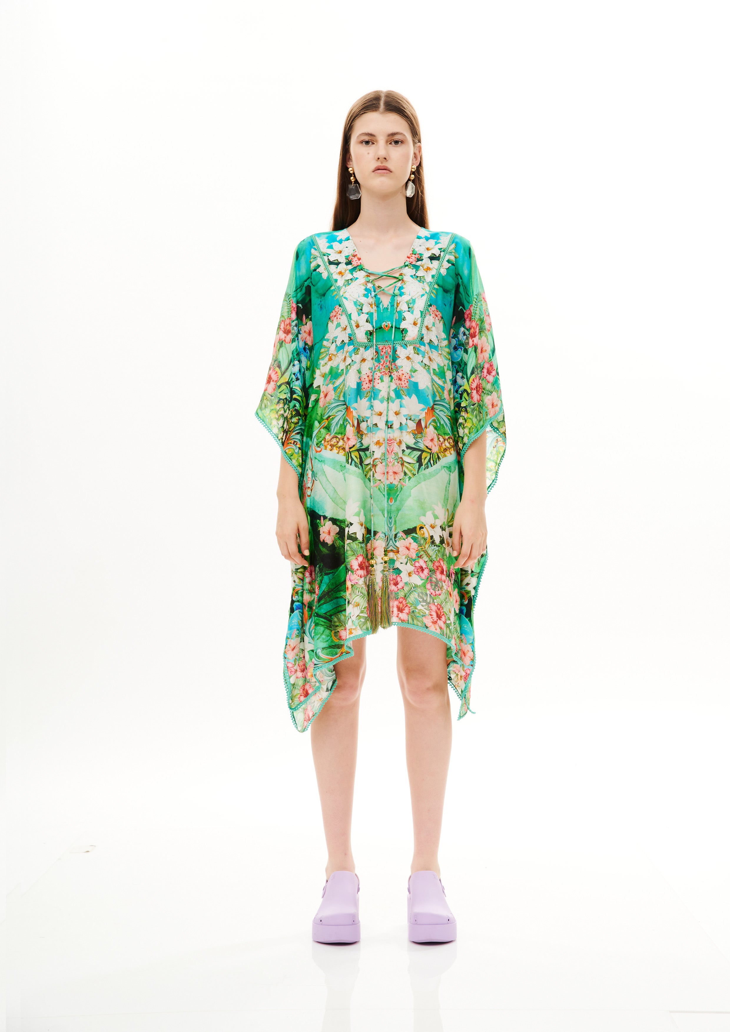 Fullness Short Kaftan Tropical Breeze Garden in fine silk