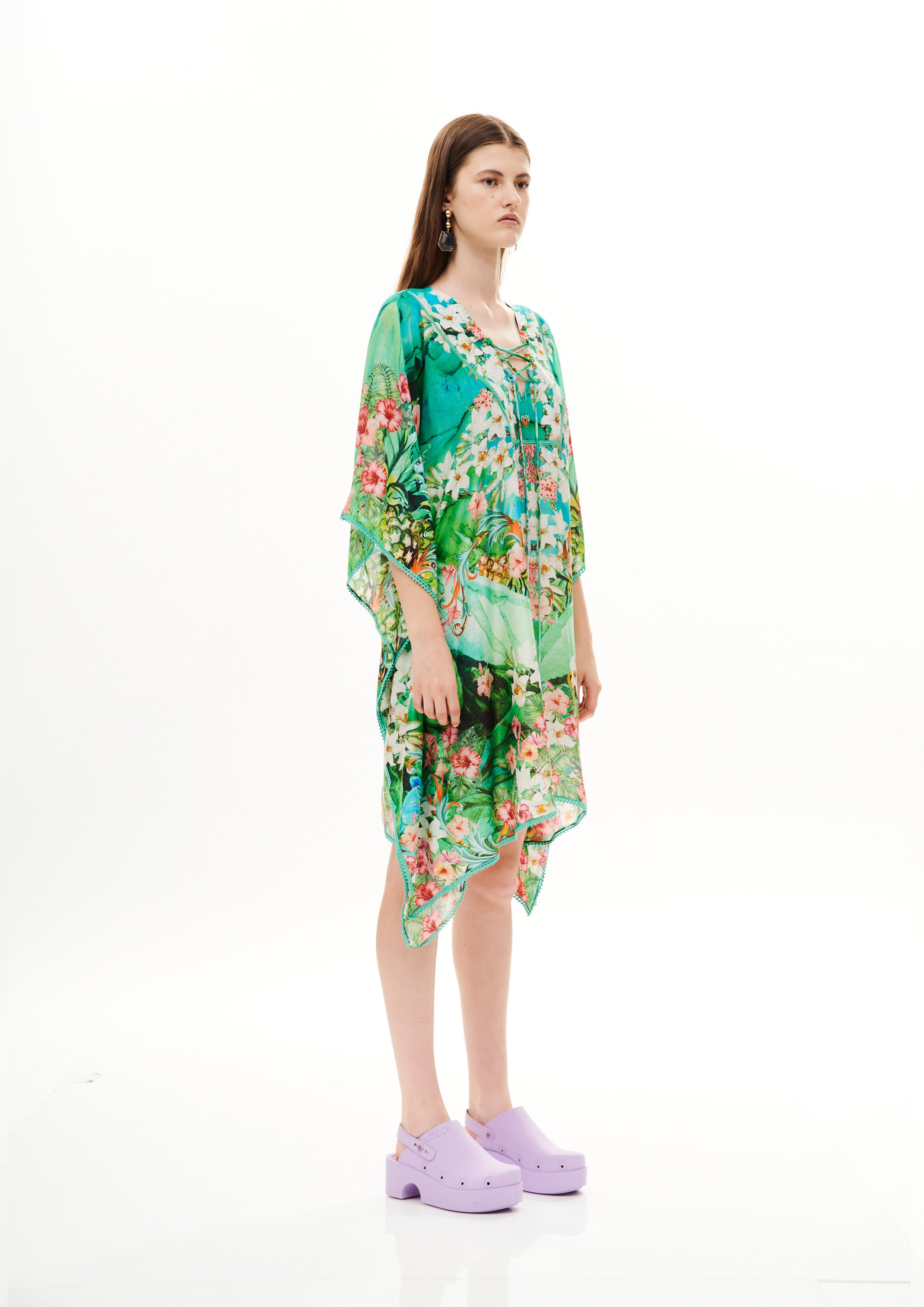 Fullness Short Kaftan Tropical Breeze Garden in fine silk