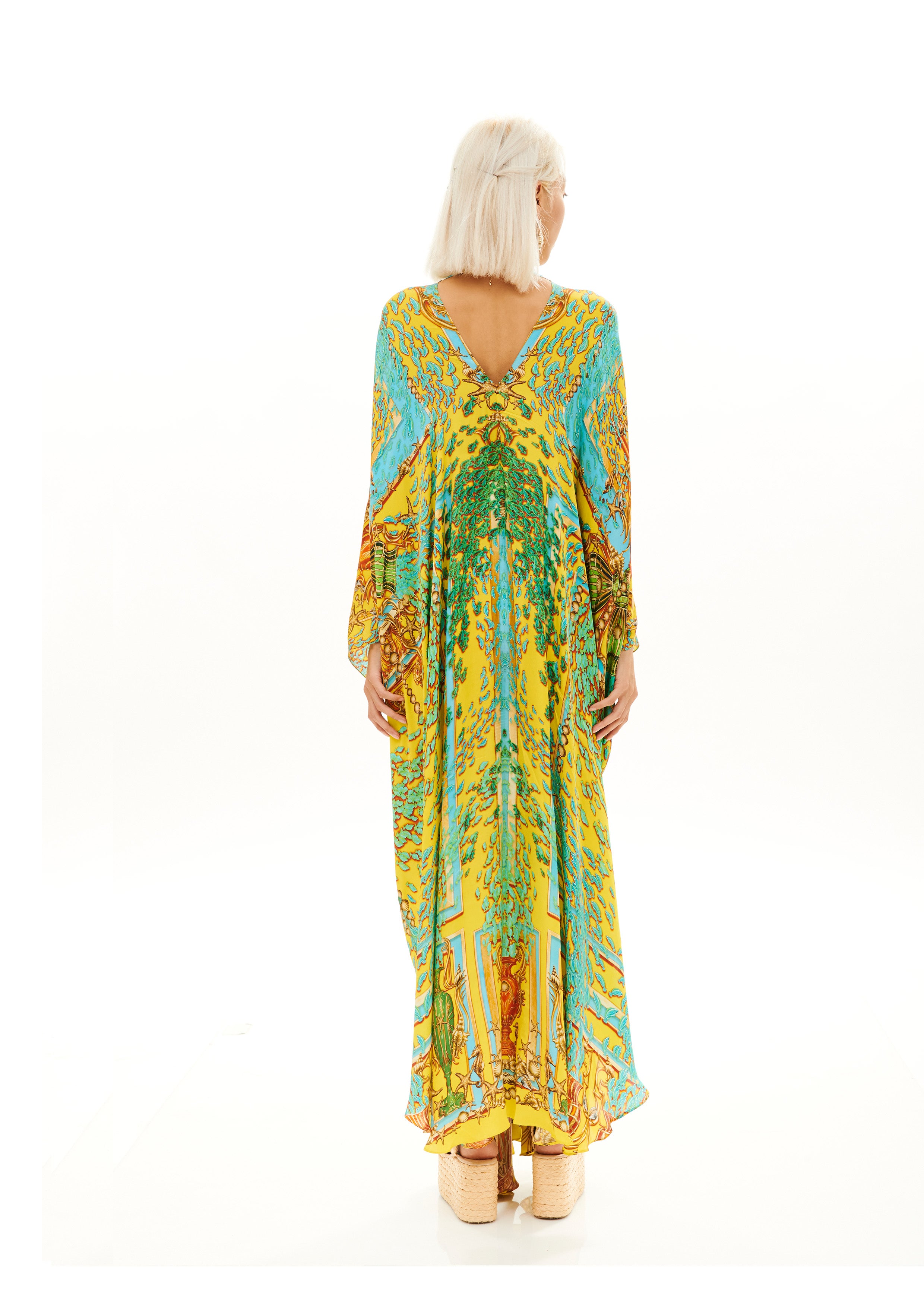 Ruffled Fullness Kaftan Poseidon Dream Sunrise in georgette crepe satin