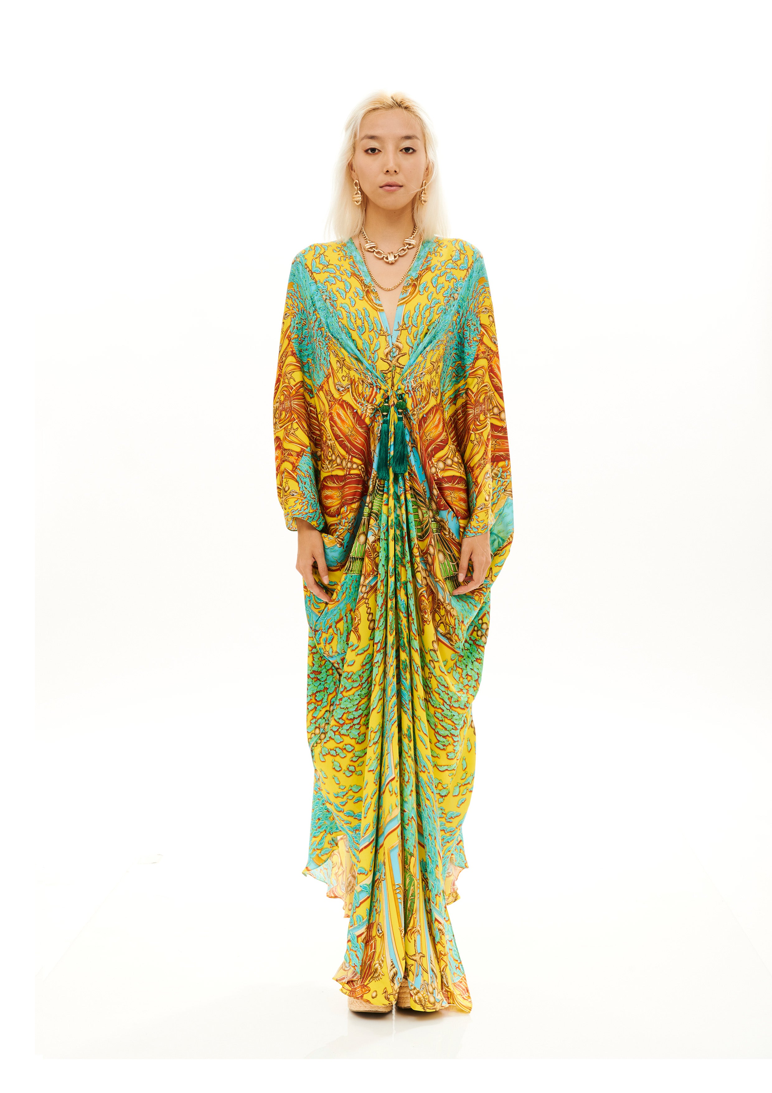 Ruffled Fullness Kaftan Poseidon Dream Sunrise in georgette crepe satin