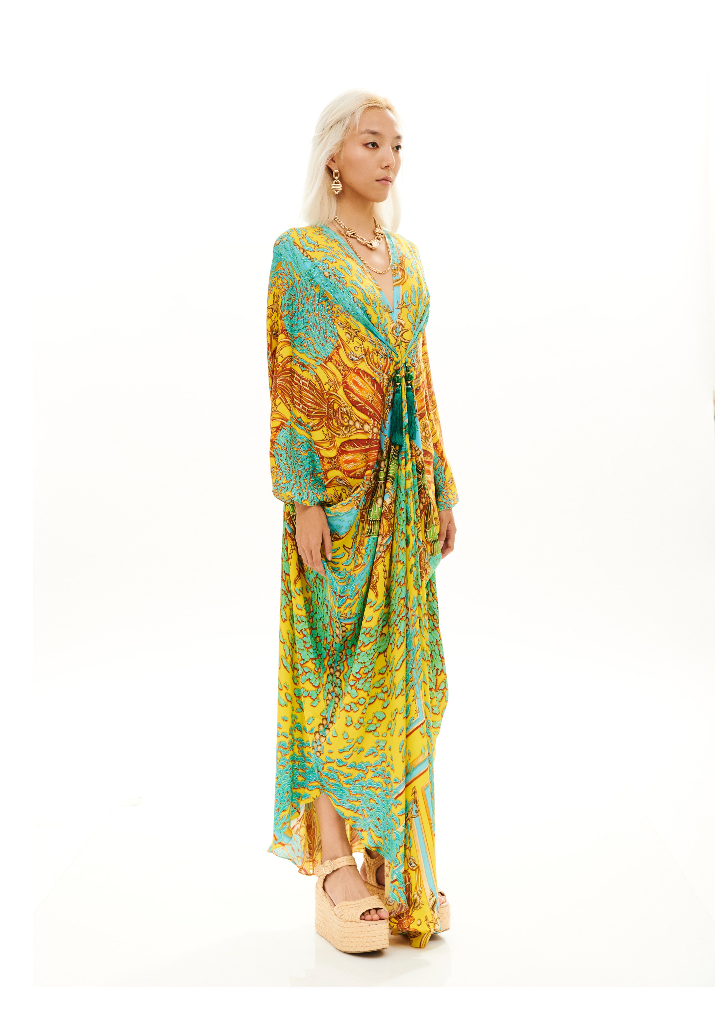 Ruffled Fullness Kaftan Poseidon Dream Sunrise in georgette crepe satin