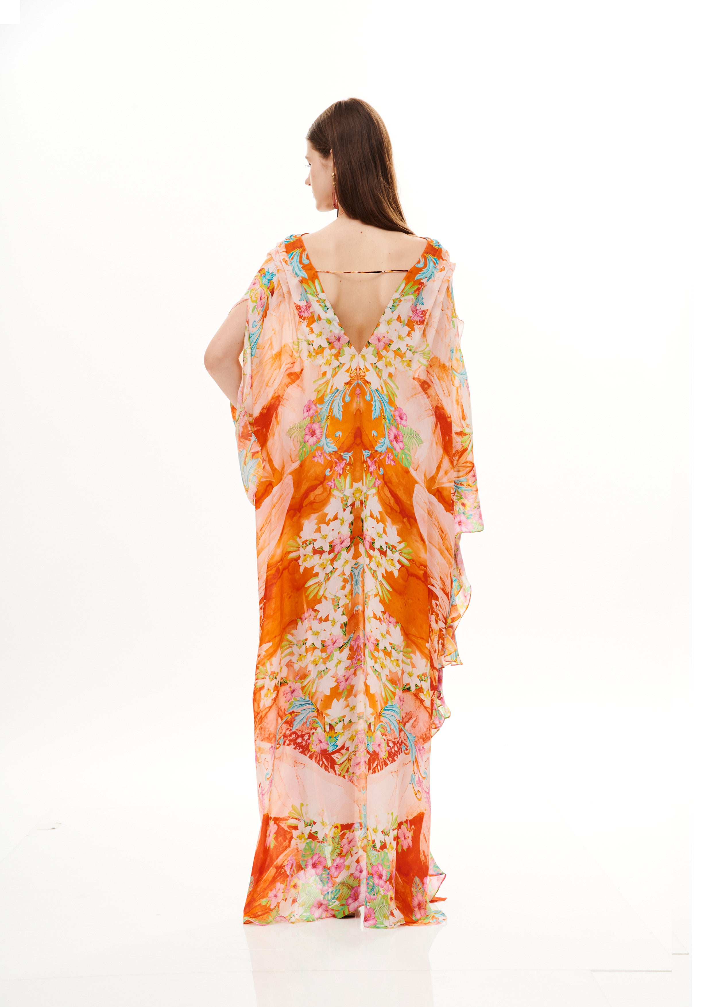 Ruffled Fullness Kaftan Tropical Breeze Sunrise in georgette crepe satin