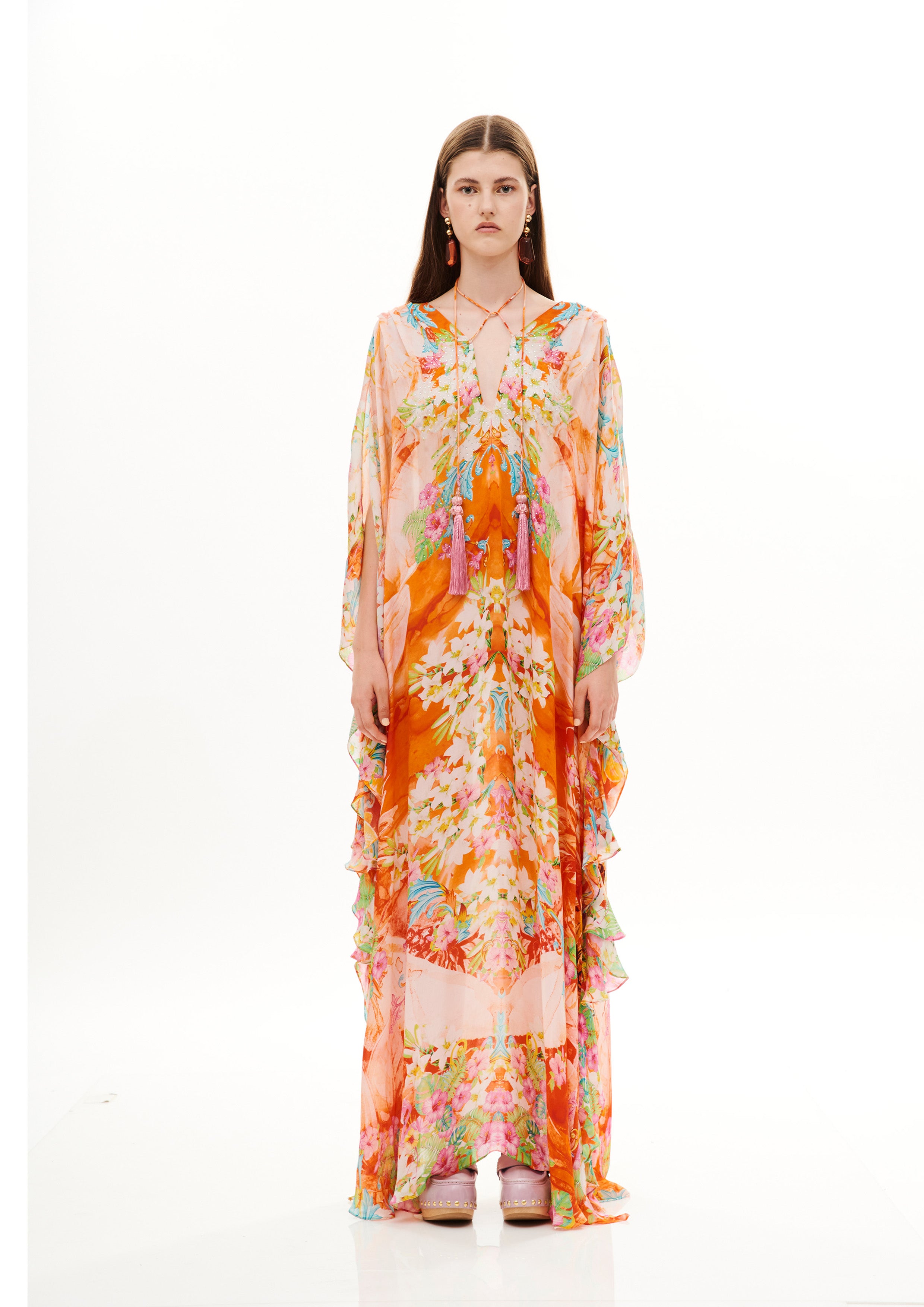 Ruffled Fullness Kaftan Tropical Breeze Sunrise in georgette crepe satin