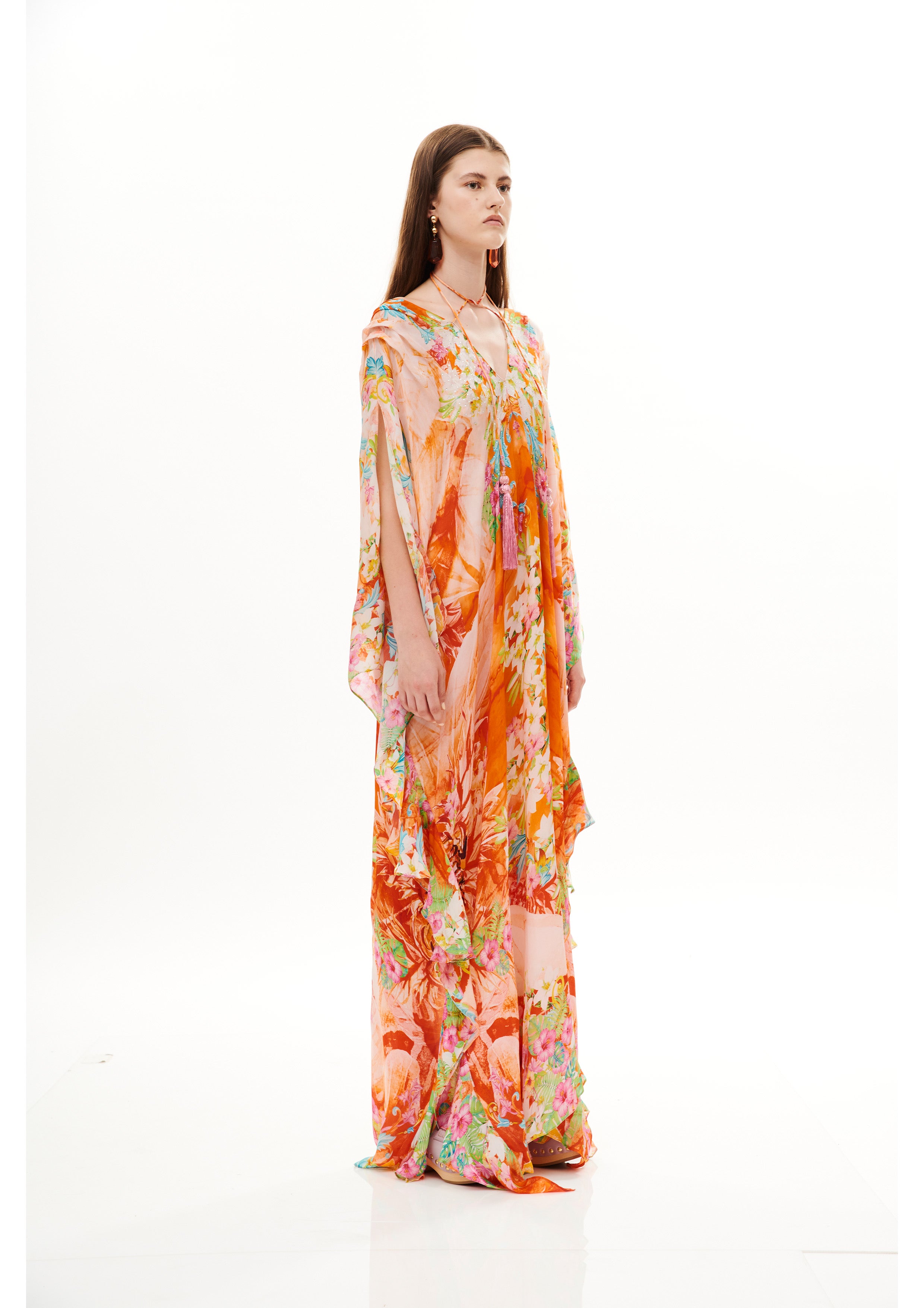 Ruffled Fullness Kaftan Tropical Breeze Sunrise in georgette crepe satin