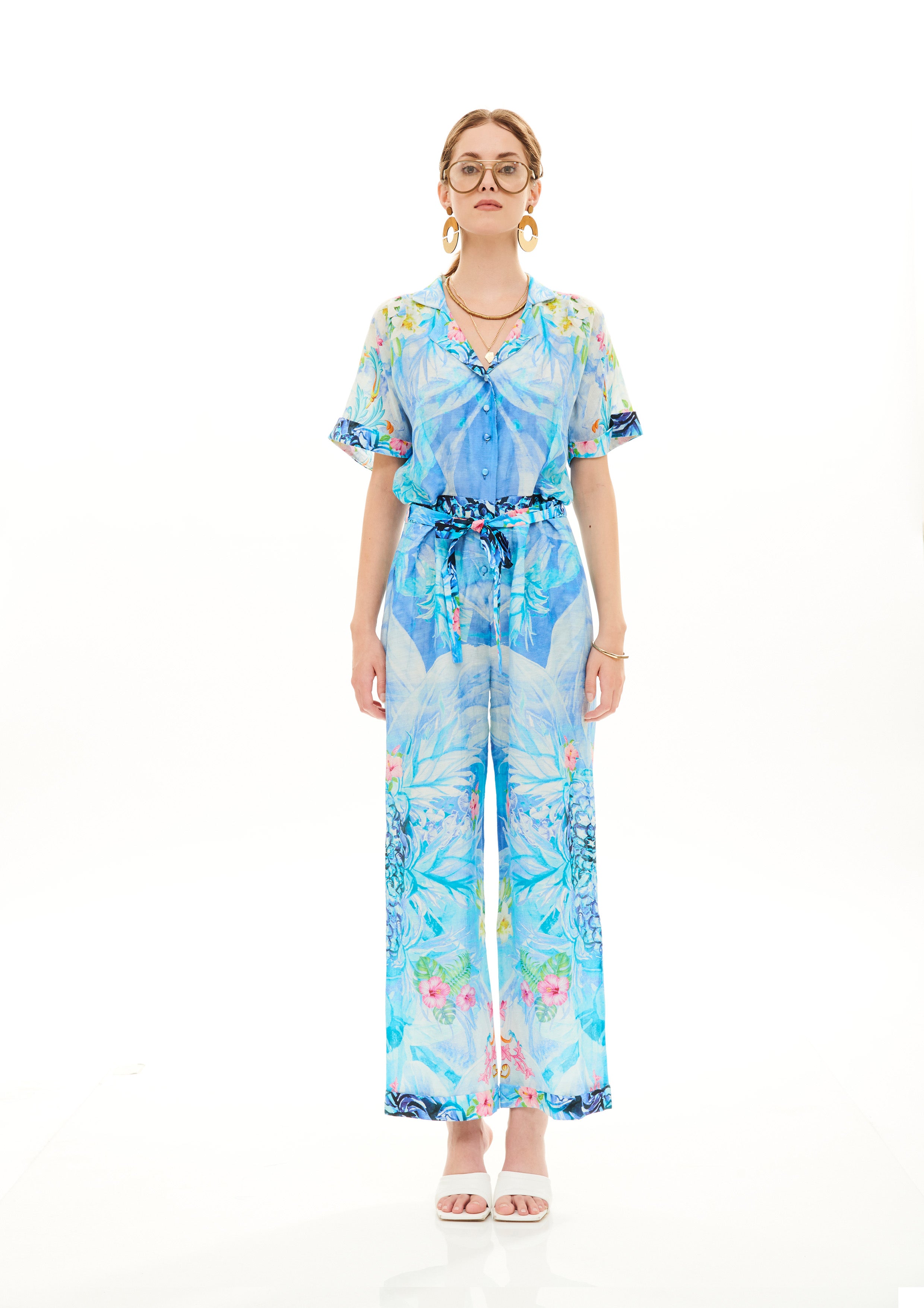 Collar Up Long Jumpsuit Monogram Breeze Sunrise in linen silk