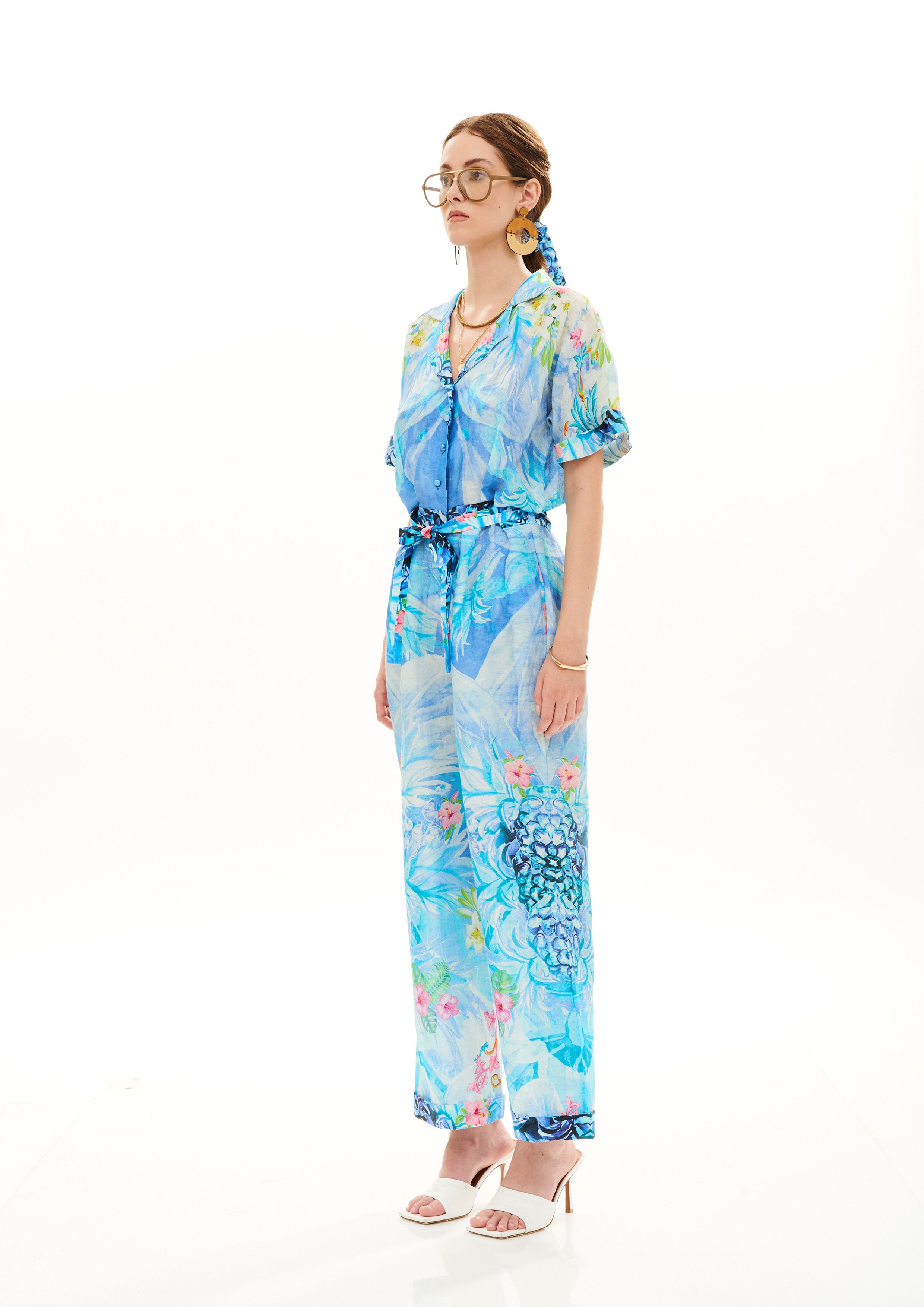 Collar Up Long Jumpsuit Monogram Breeze Sunrise in linen silk