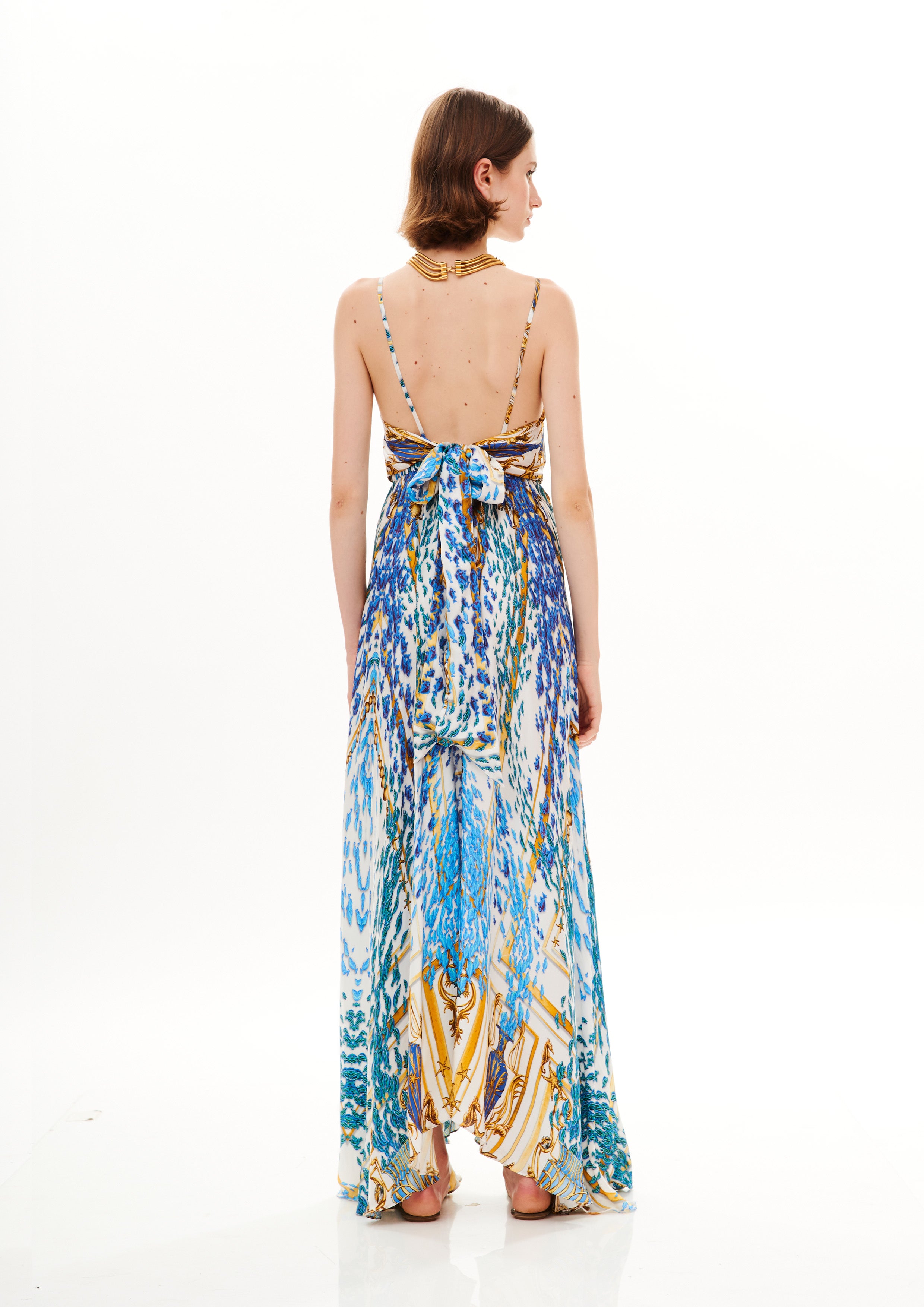 V-Shape Long Dress with Back Bow Poseidon Dream Day in cherry satin