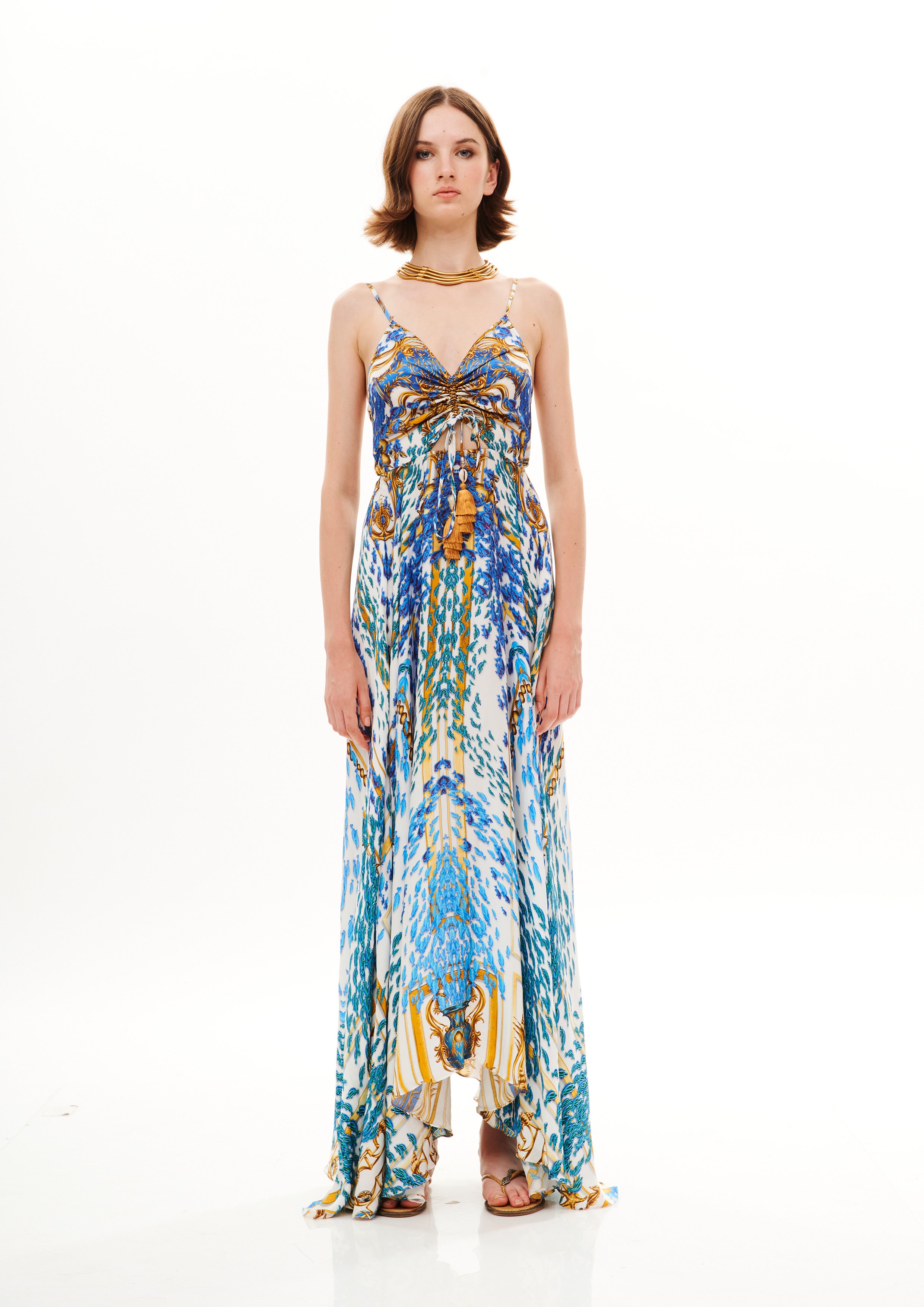 V-Shape Long Dress with Back Bow Poseidon Dream Day in cherry satin