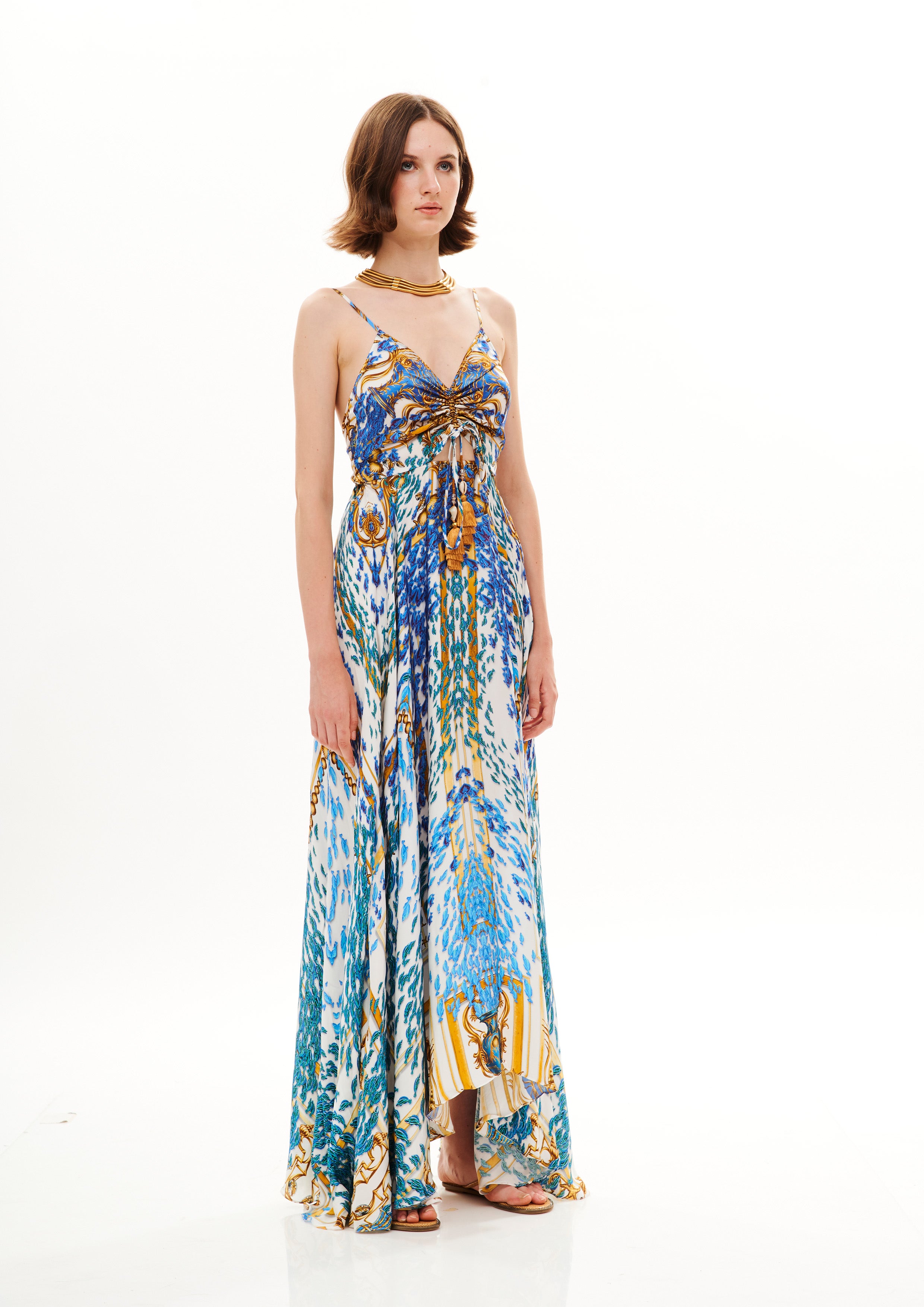 V-Shape Long Dress with Back Bow Poseidon Dream Day in cherry satin