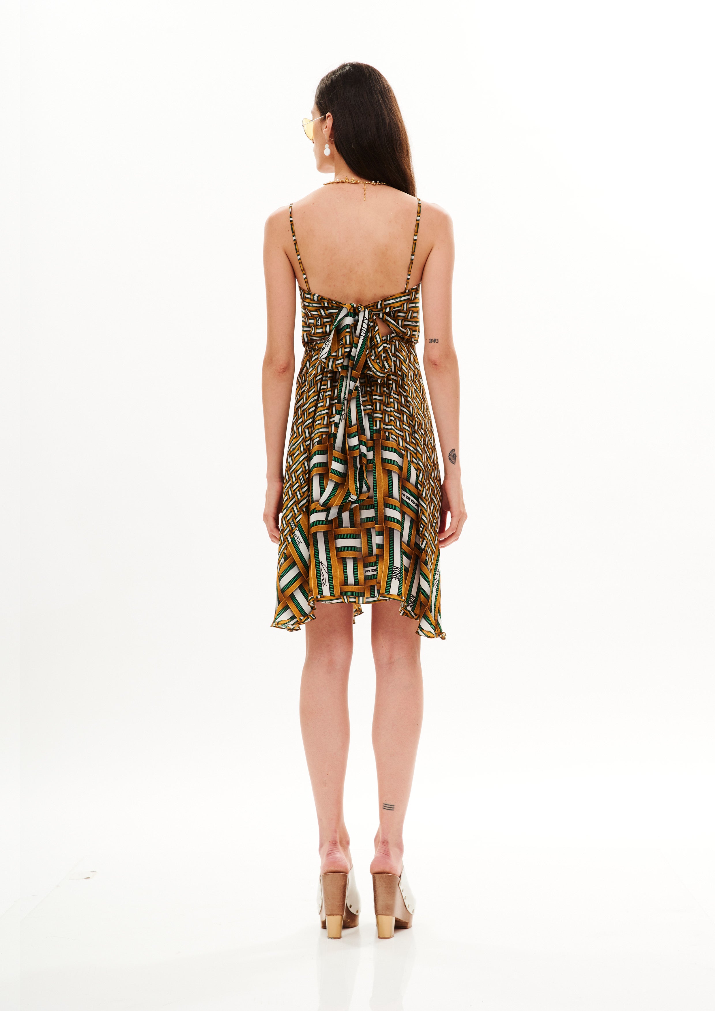 V-Shape Short Dress with Back Bow Monogram Tropical Garden in natural crepe