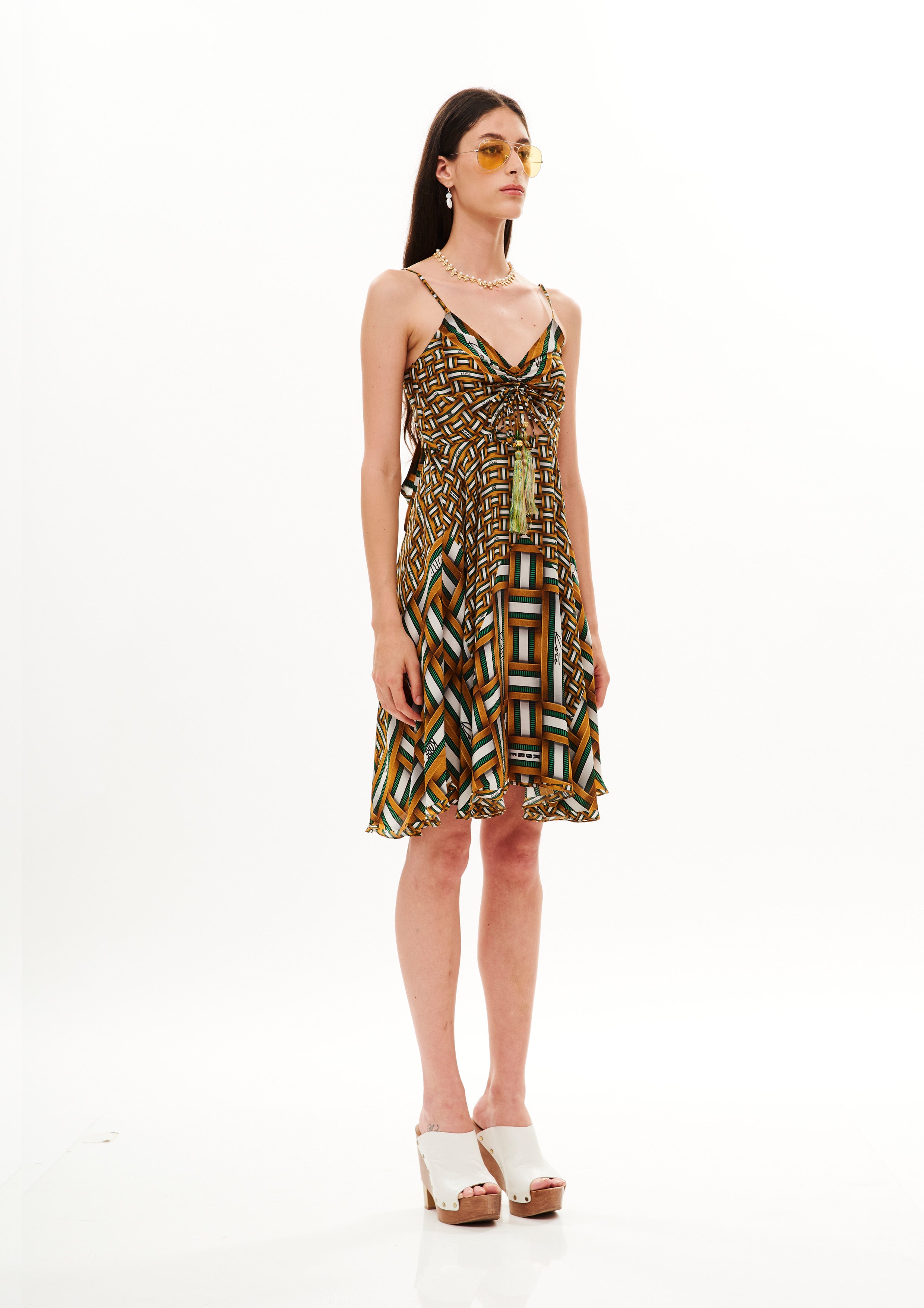 V-Shape Short Dress with Back Bow Monogram Tropical Garden in natural crepe