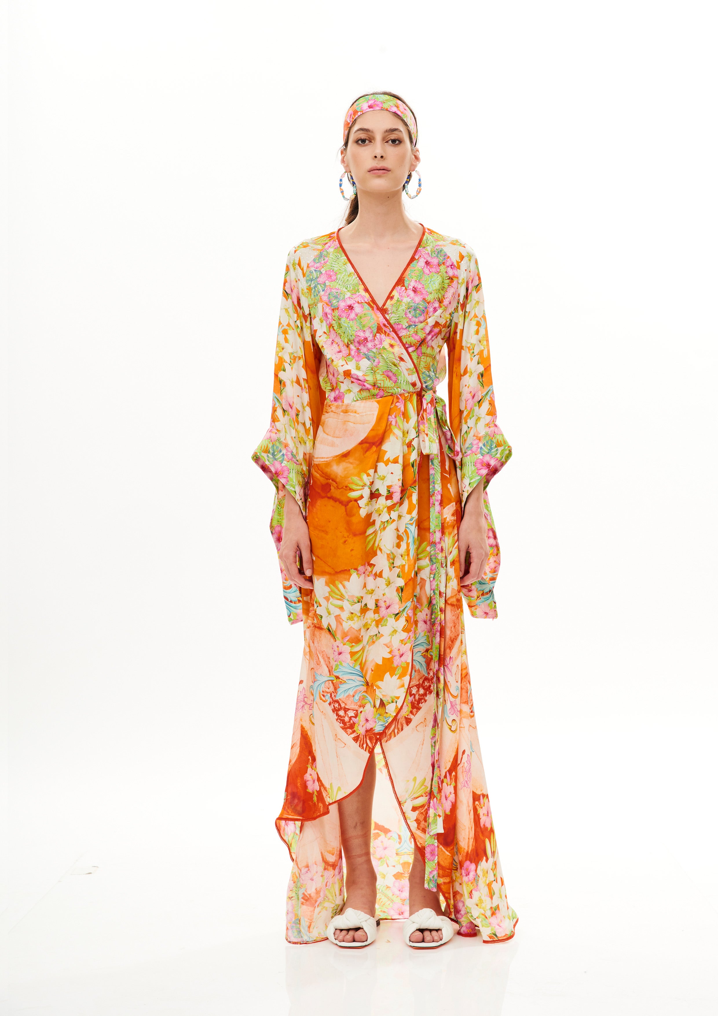 Wrap Around Pleat Dress Tropical Breeze Sunrise in cherry satin