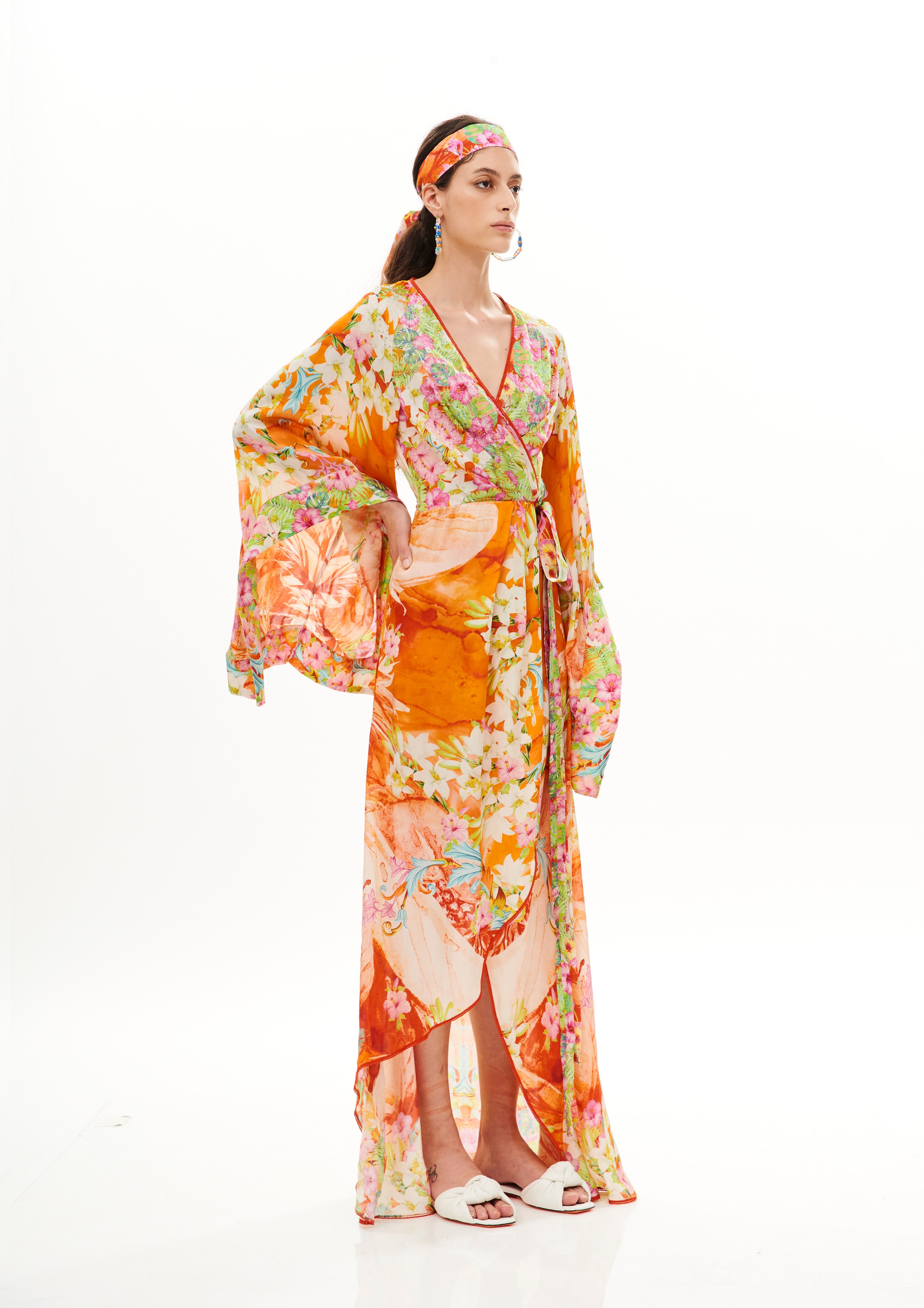 Wrap Around Pleat Dress Tropical Breeze Sunrise in cherry satin