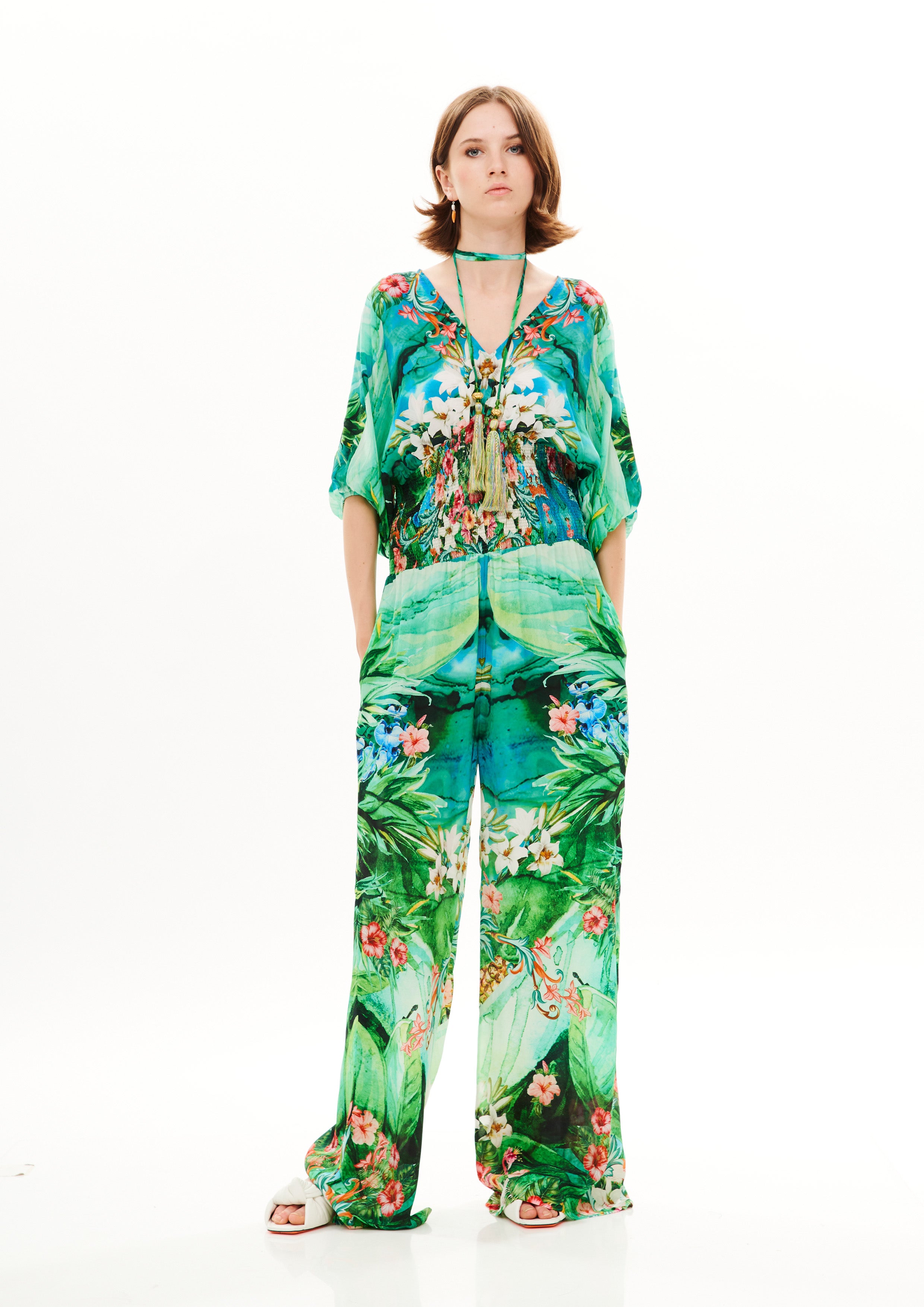 Long Jumpsuit with Elastic Belt Tropical Breeze Sunrise in natural crepe