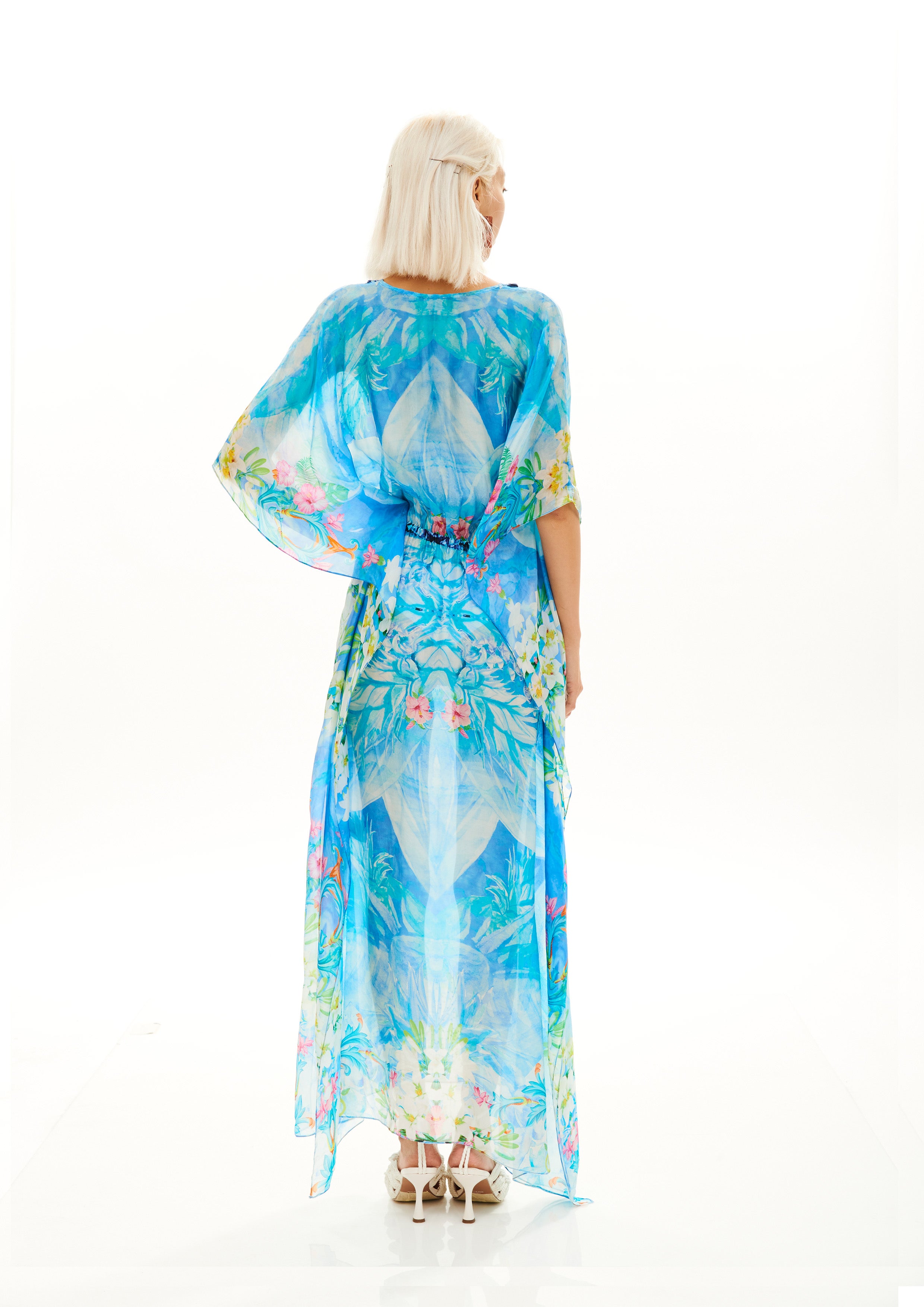 Long V-Neck Kaftan Tropical Fresh Breeze in taby silk