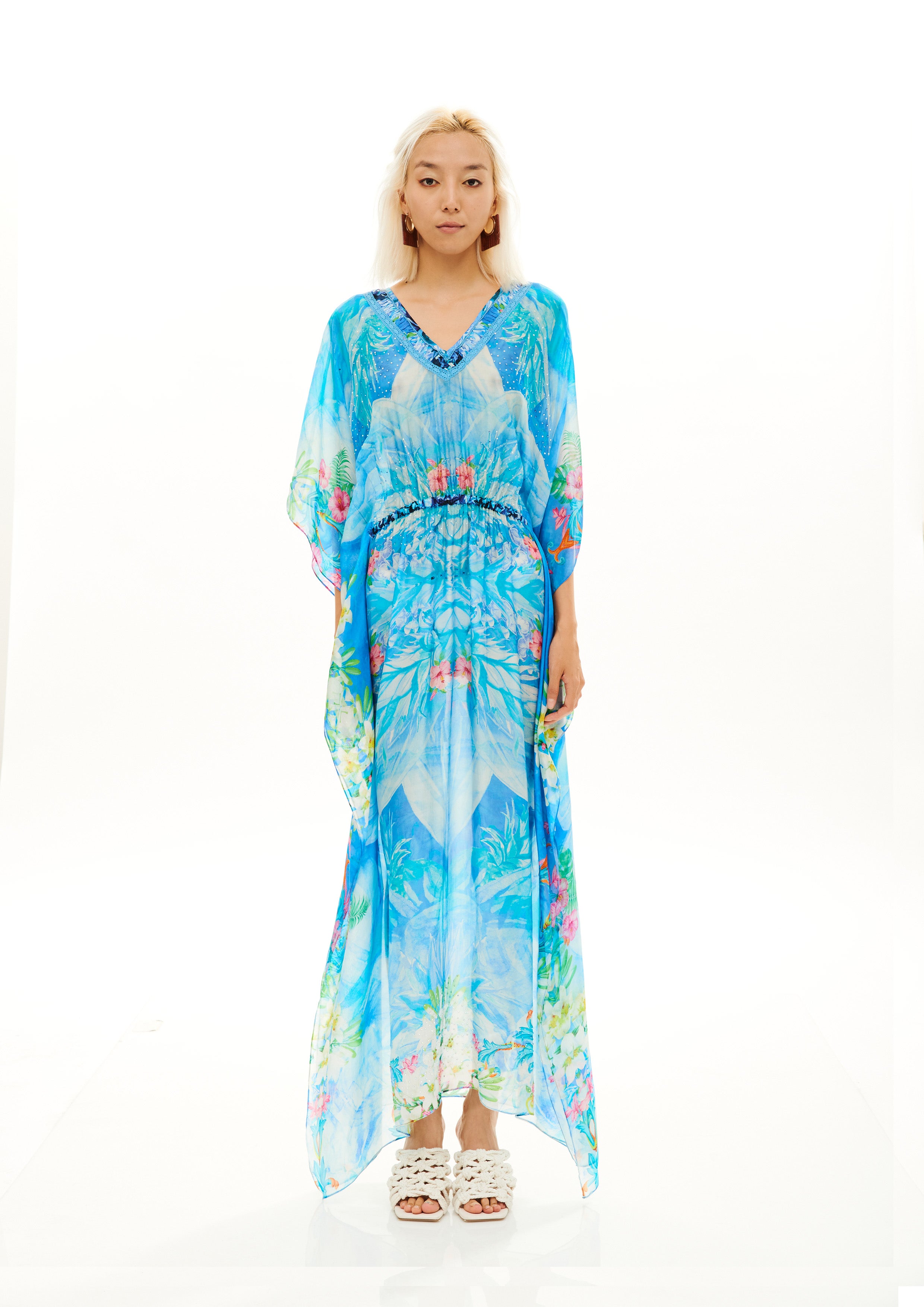 Long V-Neck Kaftan Tropical Fresh Breeze in taby silk