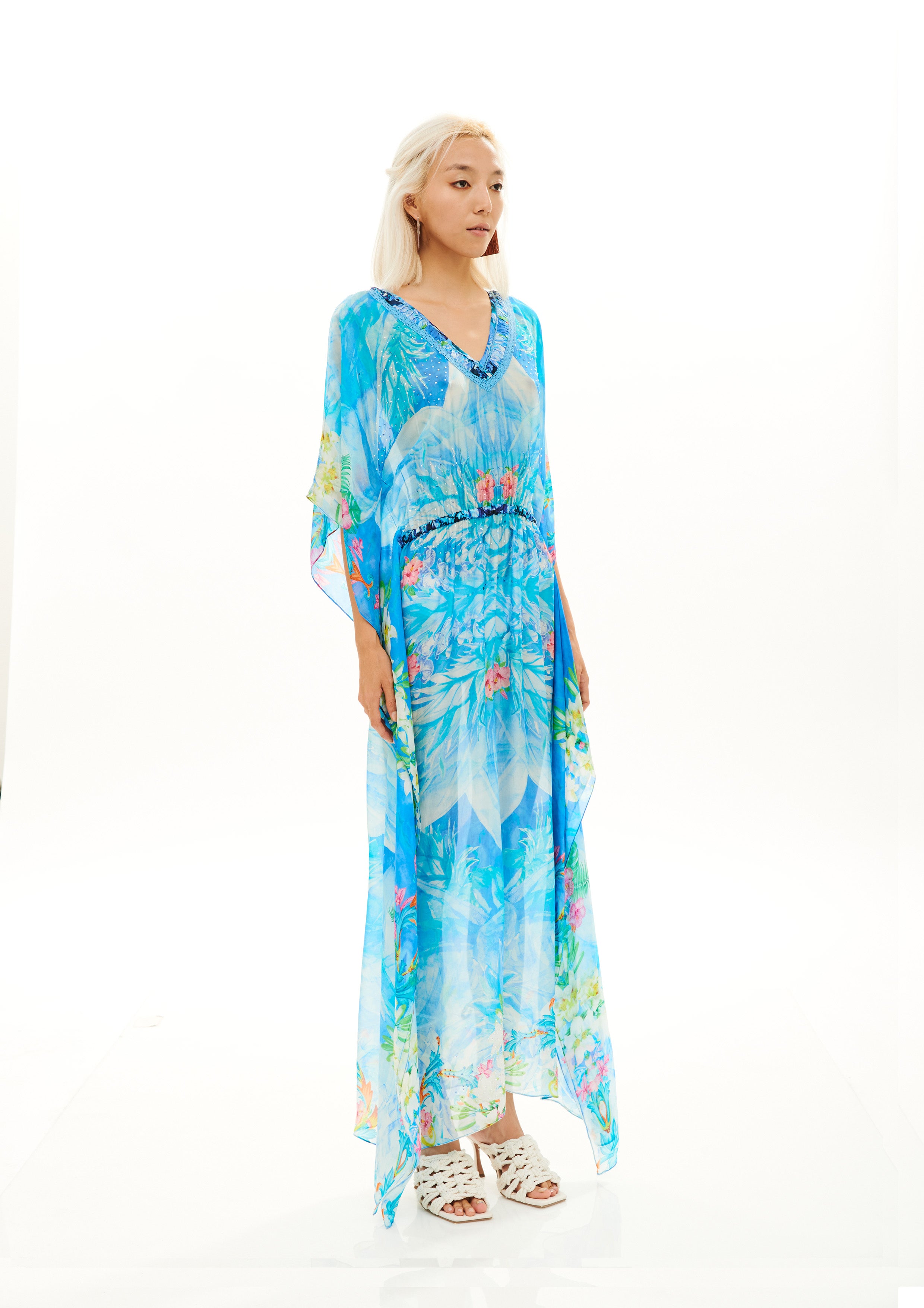 Long V-Neck Kaftan Tropical Fresh Breeze in taby silk