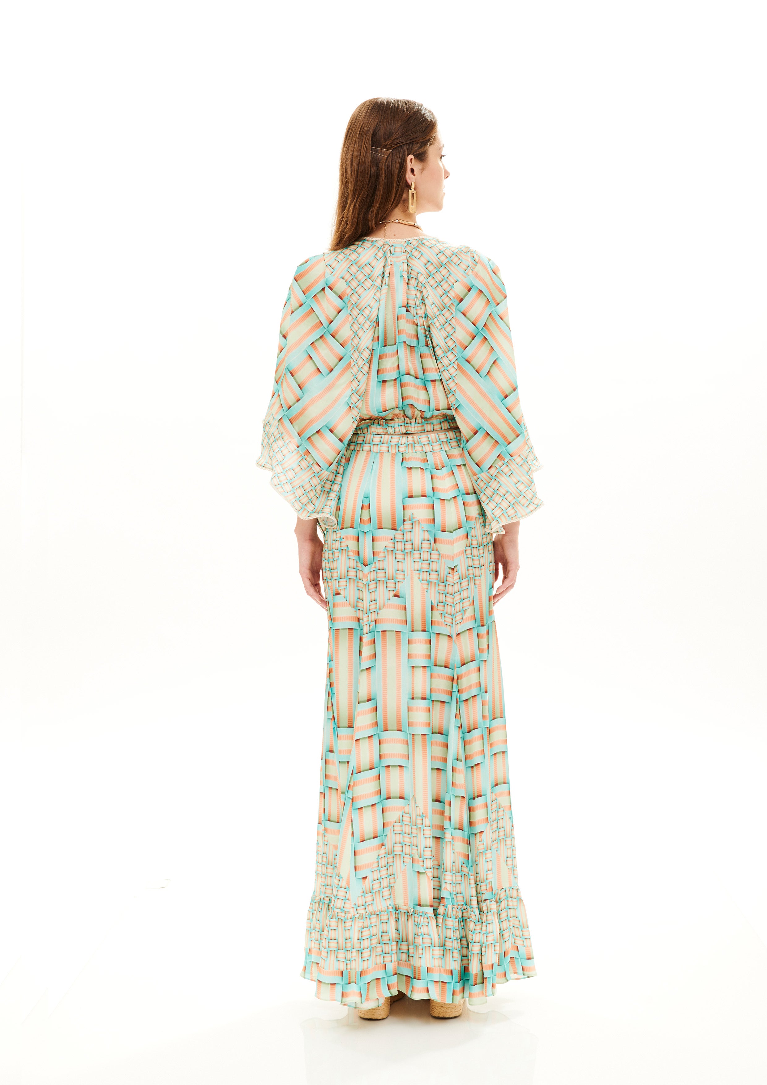 Draped Top with Elastic Belt Monogram Breeze Sunrise in cherry satin