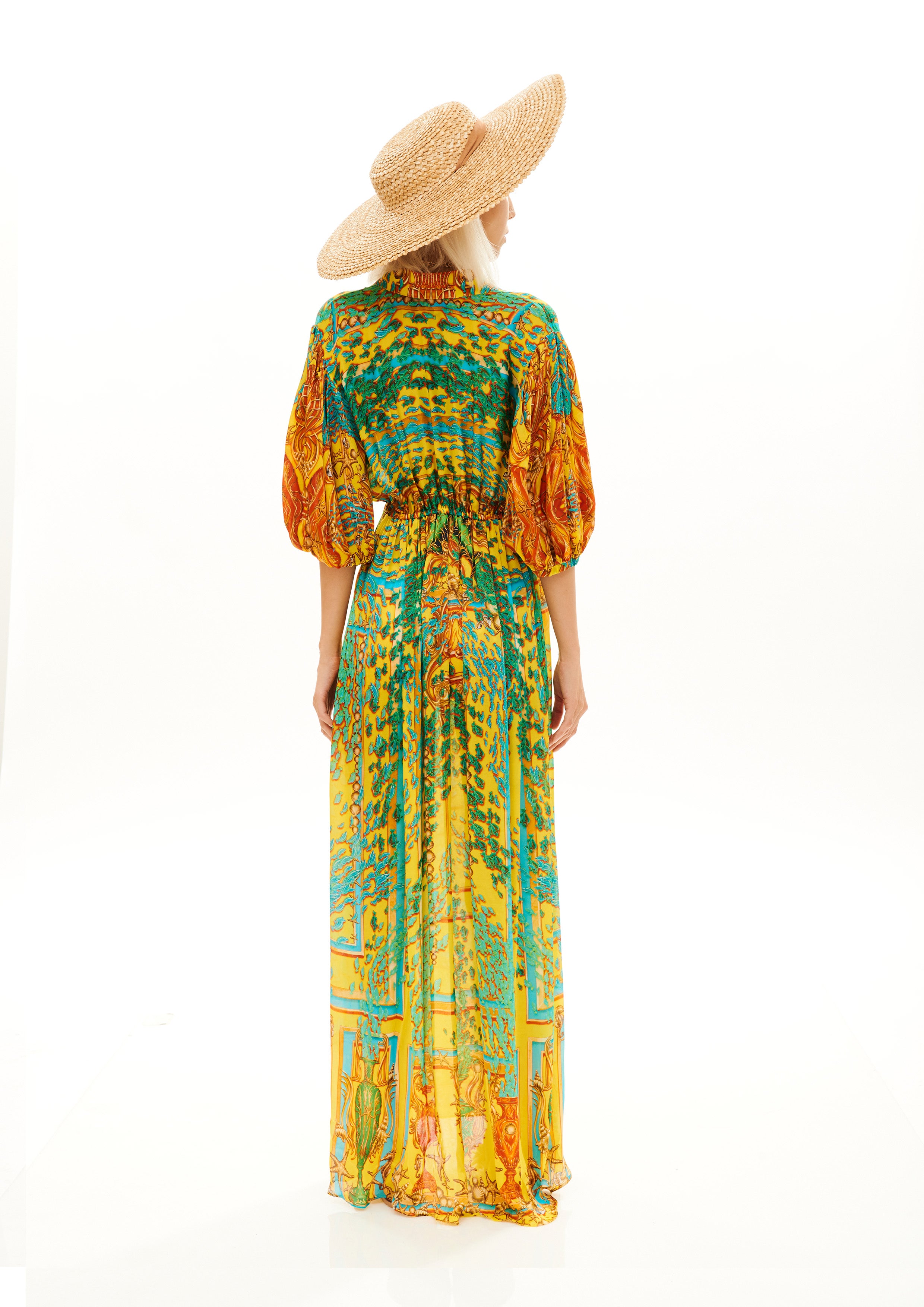 Puff Arms Chemisier with Front Detail Poseidon Dream Sunrise in georgette crepe satin