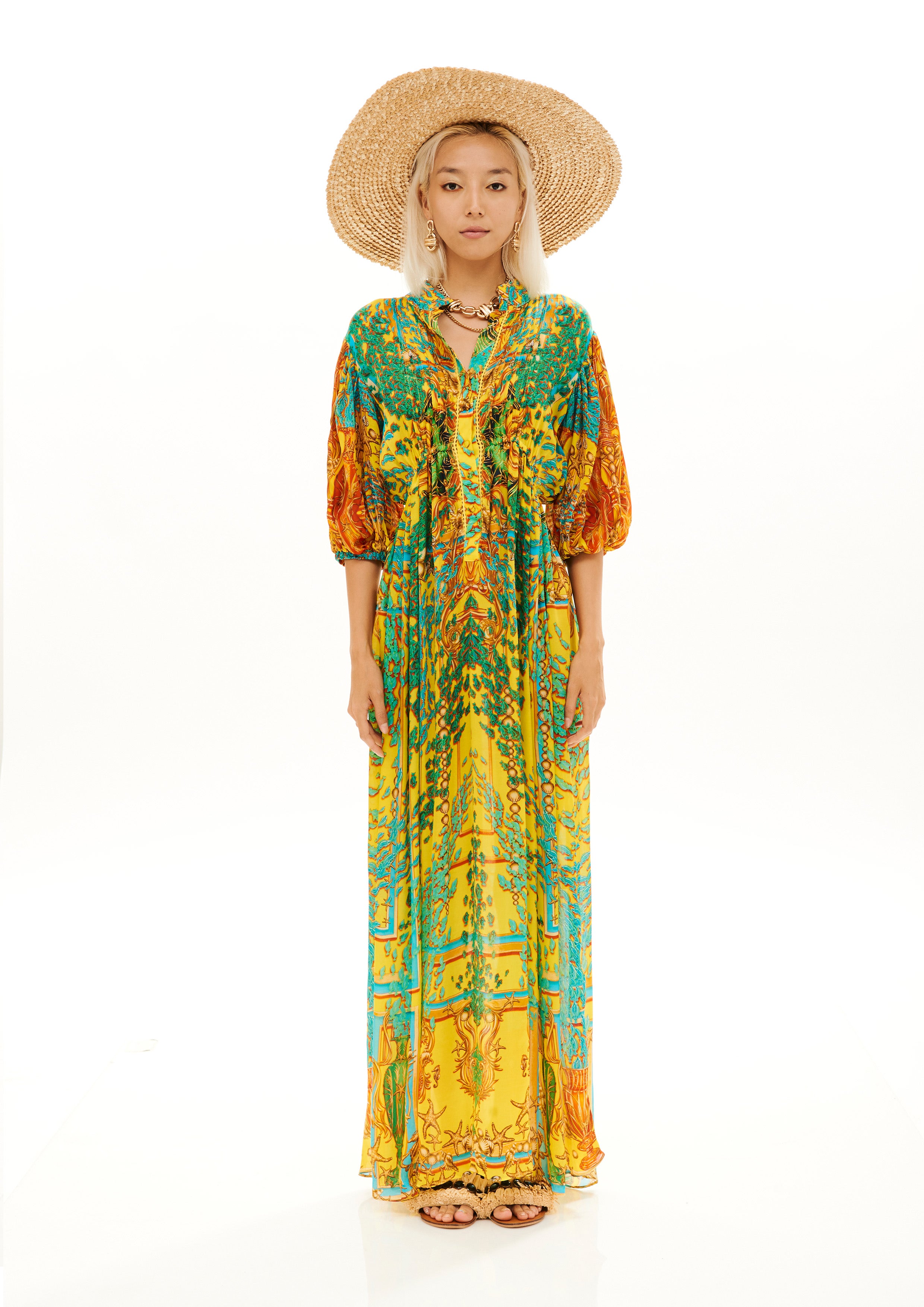 Puff Arms Chemisier with Front Detail Poseidon Dream Sunrise in georgette crepe satin