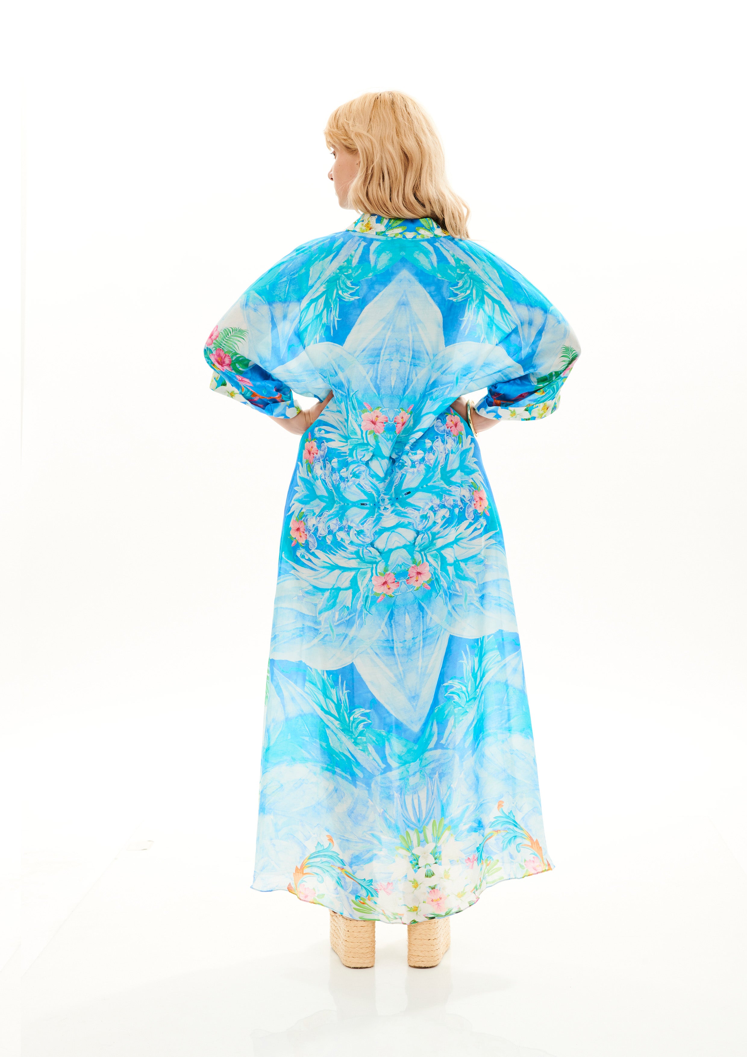 Long Front Button Shirt Tropical Fresh Breeze in fine silk