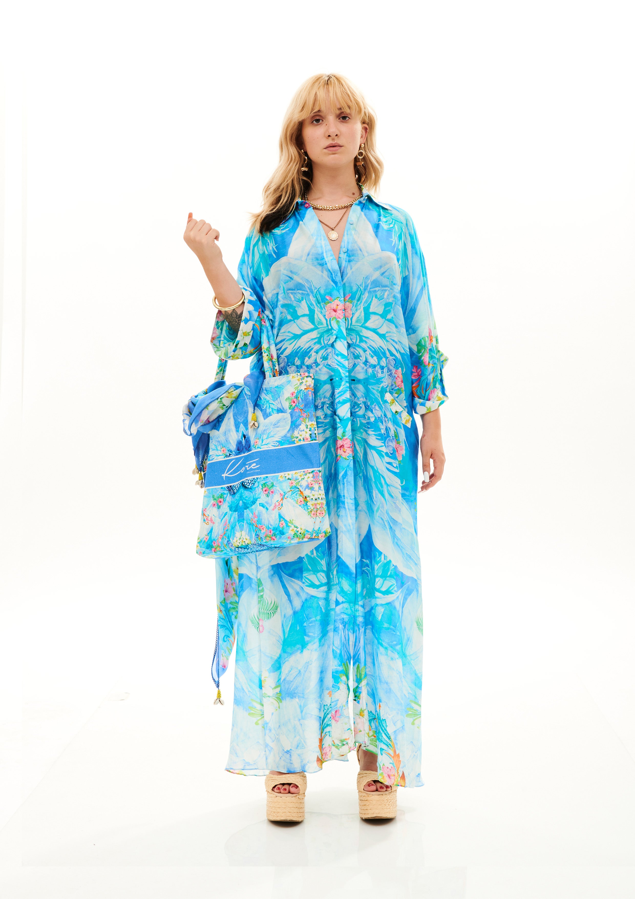 Long Front Button Shirt Tropical Fresh Breeze in fine silk