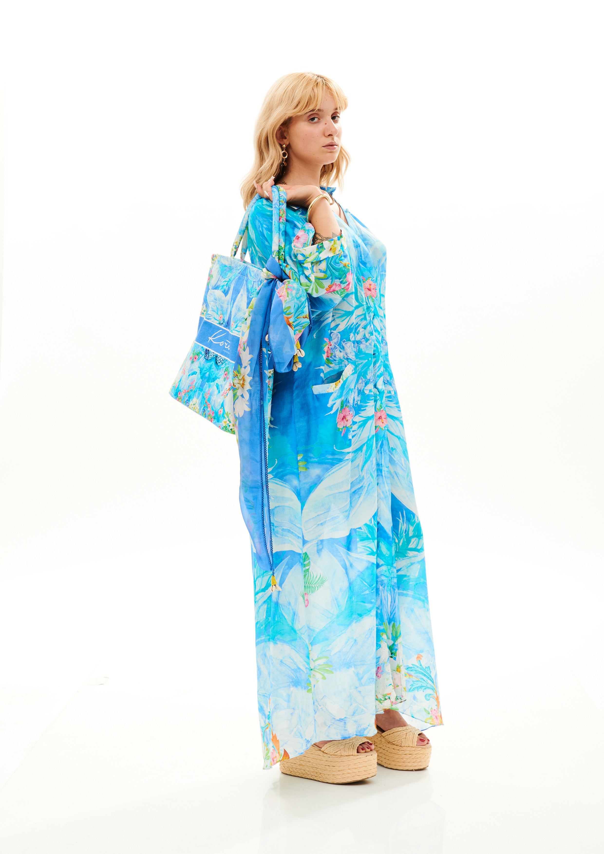 Long Front Button Shirt Tropical Fresh Breeze in fine silk